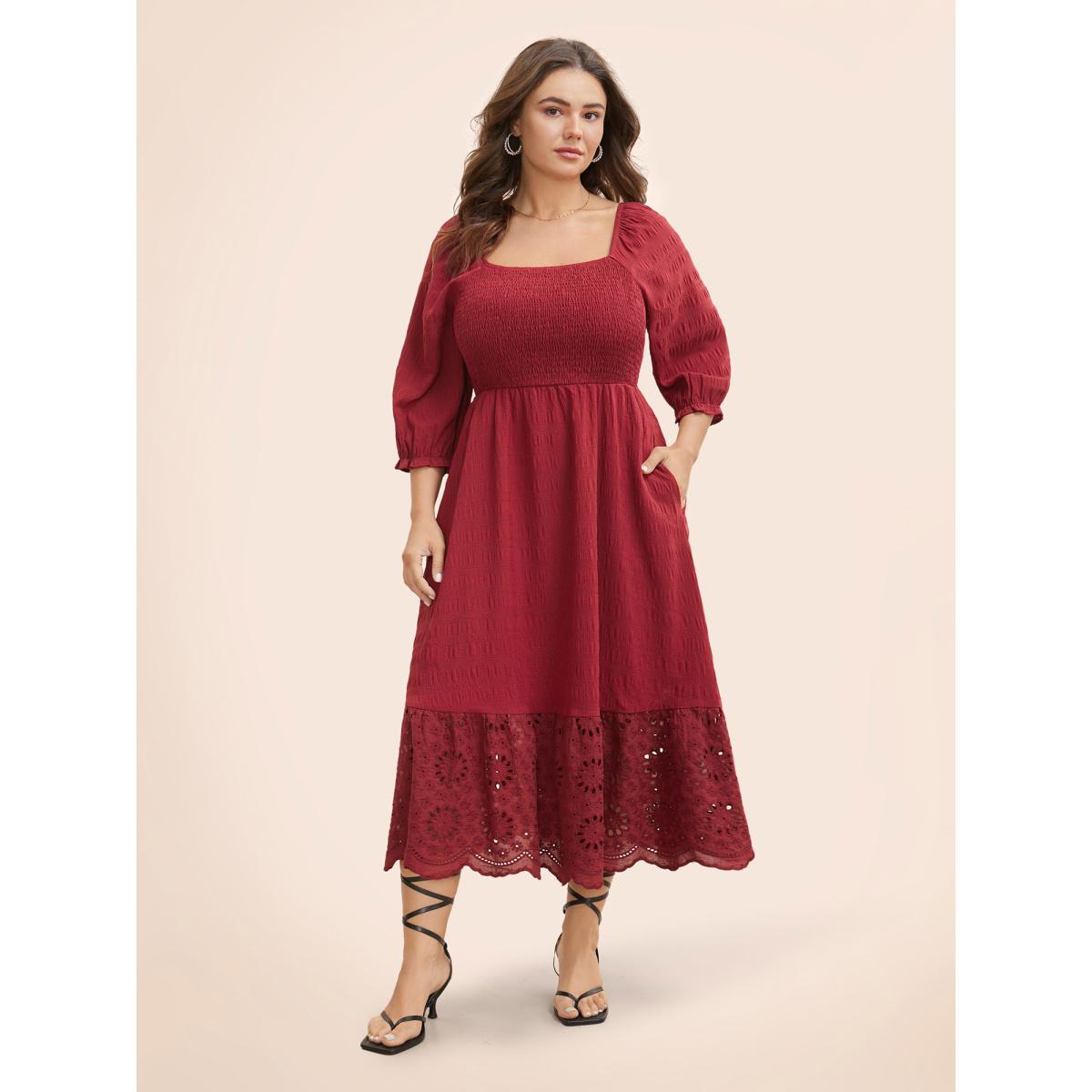 Plus Size Square Neck Broderie Anglaise Patchwork Shirred Dress Denimburgundy Women Elegant Woven ribbon&lace trim Square Neck Elbow-length sleeve Curvy BloomChic 22-24/3X Product Image