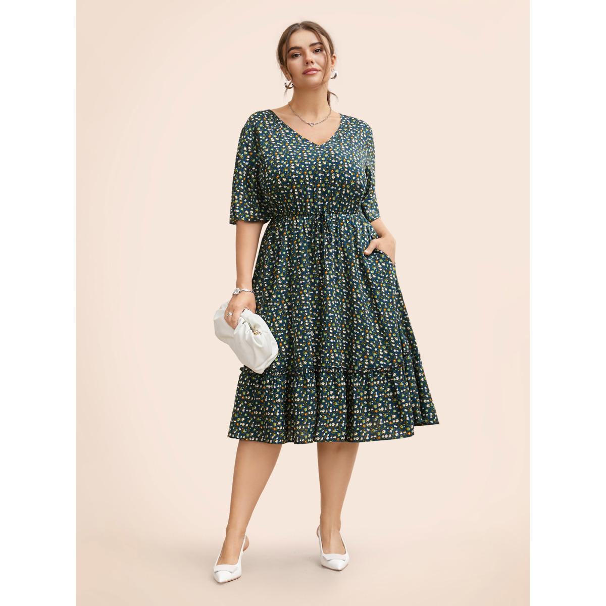 Plus Size Ditsy Floral Frill Trim Tie Knot Dress Aegean Women Elegant Frill Trim V-neck Half Sleeve Curvy BloomChic 28/5X Product Image