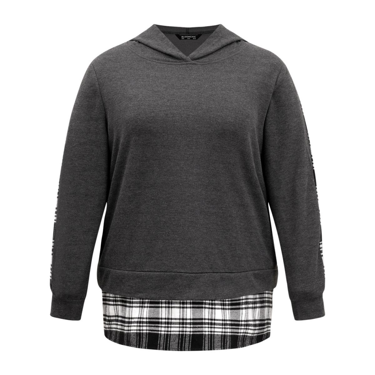 Plus Size Plaid Hem Patchwork Hooded Sweatshirt Women DimGray Casual Contrast Hooded Dailywear Sweatshirts BloomChic 18-20/2X Product Image