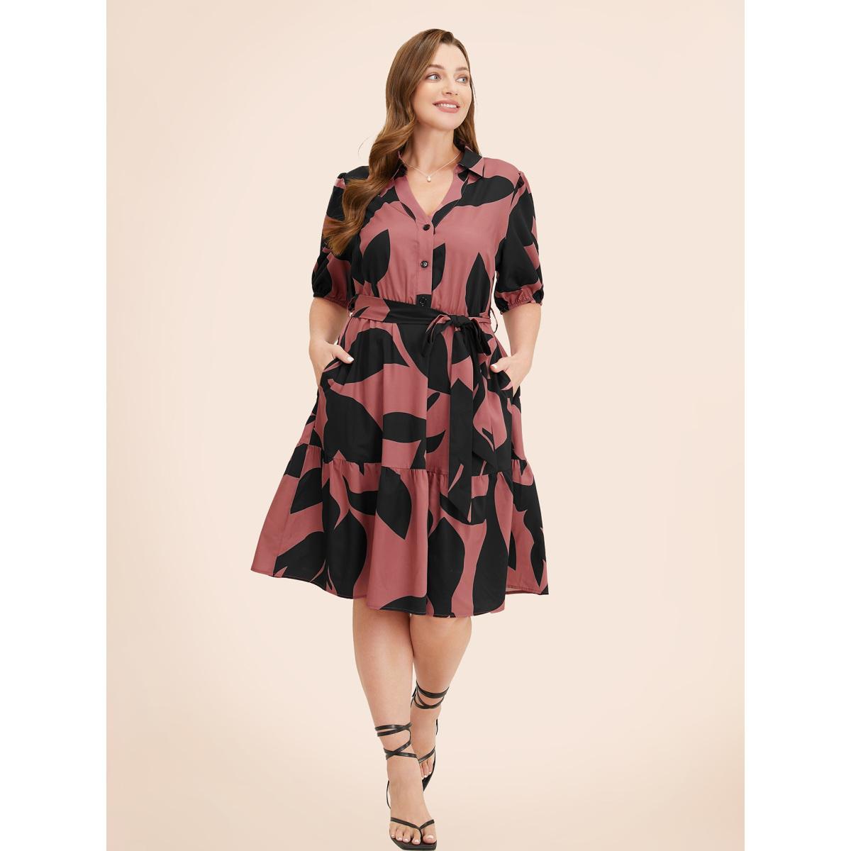 Plus Size Plant Pocket Puff Sleeve Belt Ruffle Hem Button Up Dress Multicolor Women Office Belted Shirt collar Short sleeve Curvy Knee Dress BloomChic 14-16/1X Product Image