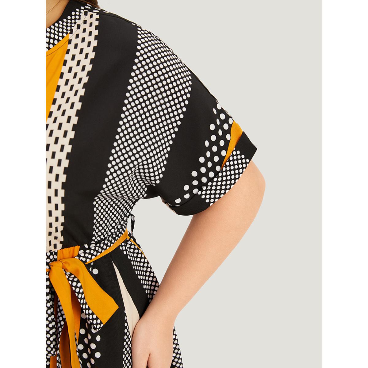 Plus Size Polka Dot Patchwork Striped Belted Notched Dress Orange Women Office Contrast Notched collar Short sleeve Curvy Midi Dress BloomChic 18-20/2X Product Image