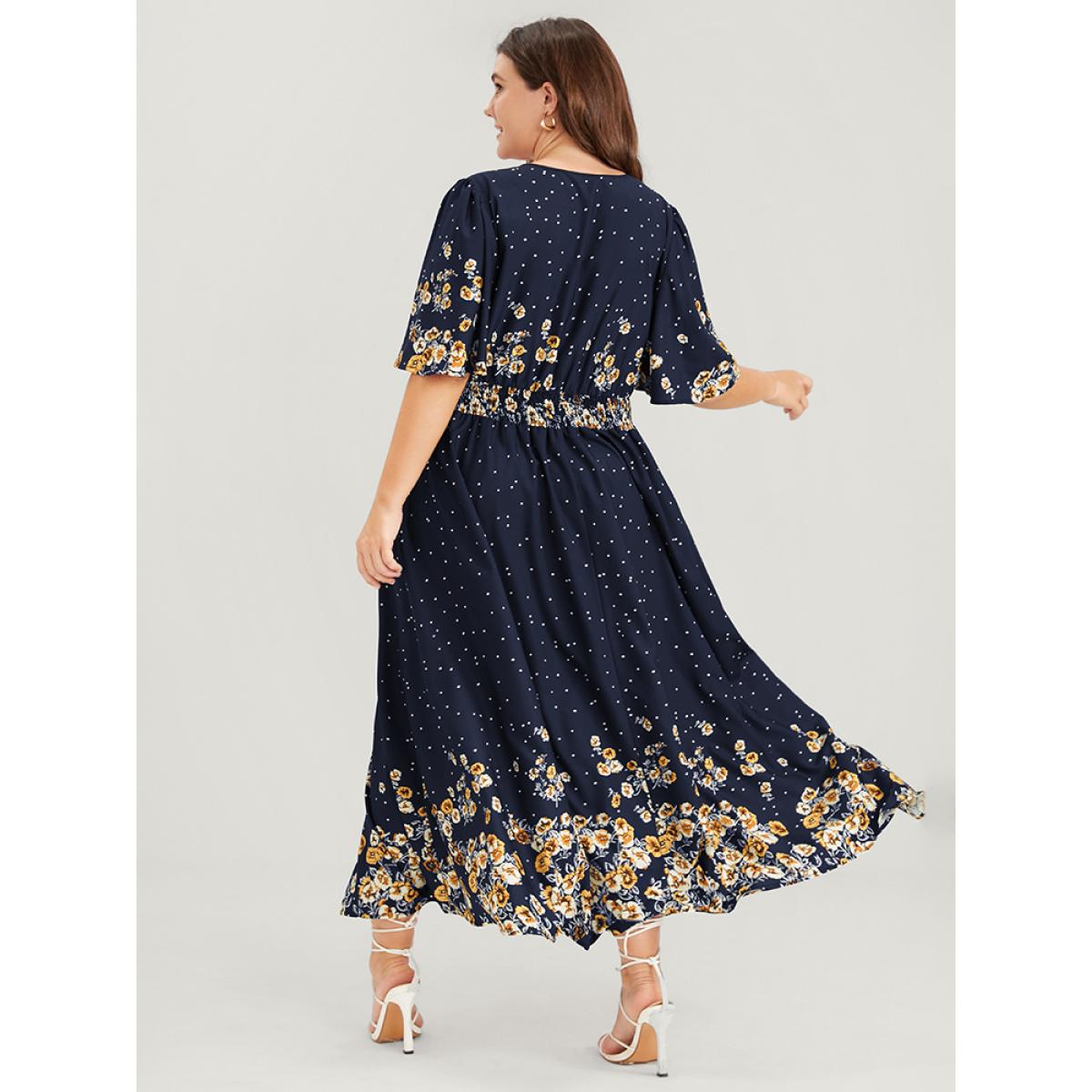 Plus Size Floral Pocket Split Hem Flutter Shirred Maxi Dress Navy Women Casual Printed V-neck Half Sleeve Curvy Midi Dress BloomChic 10/M Product Image