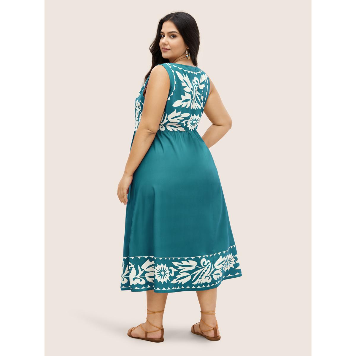 Plus Size Boho Print Square Neck Elastic Waist Tank Dress Emerald Women Resort Gathered Round Neck Sleeveless Curvy Midi Dress BloomChic 26/4X Product Image