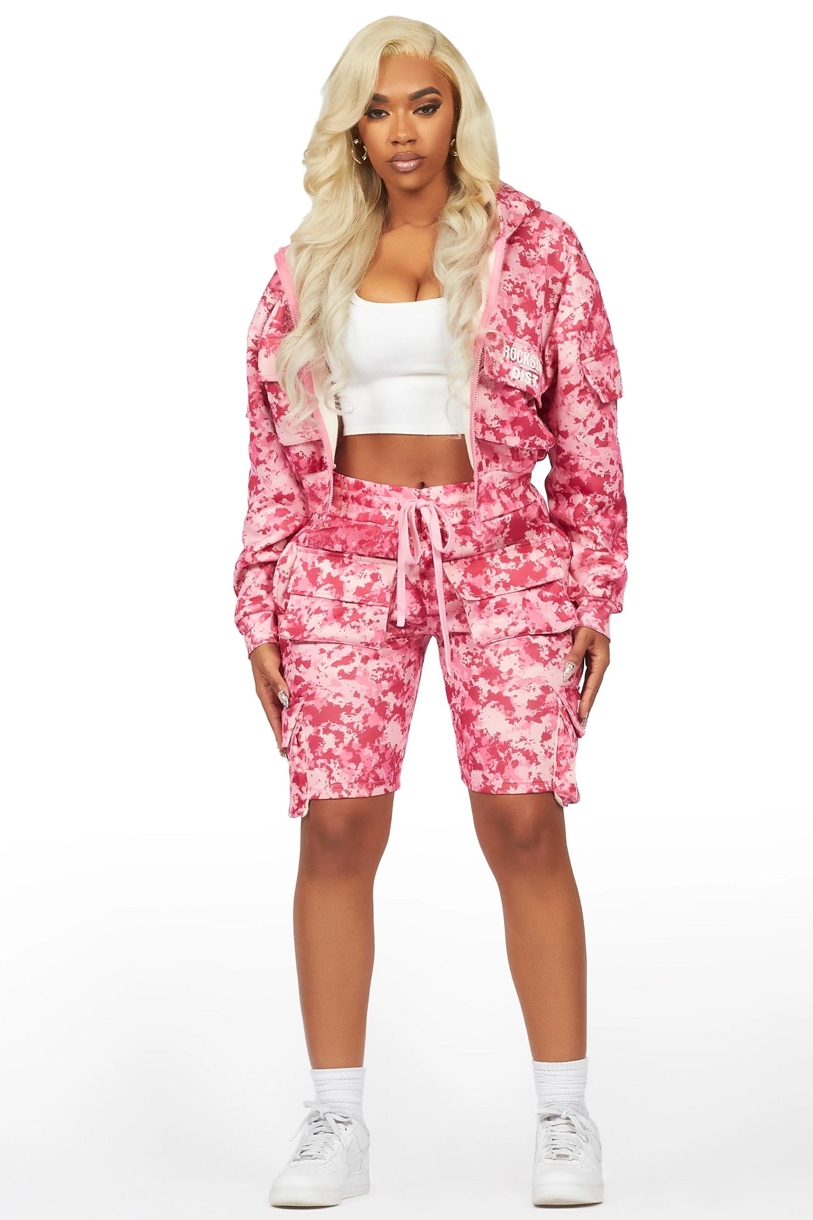 Shaneka Pink Digital Camo Cargo Short Set Female Product Image