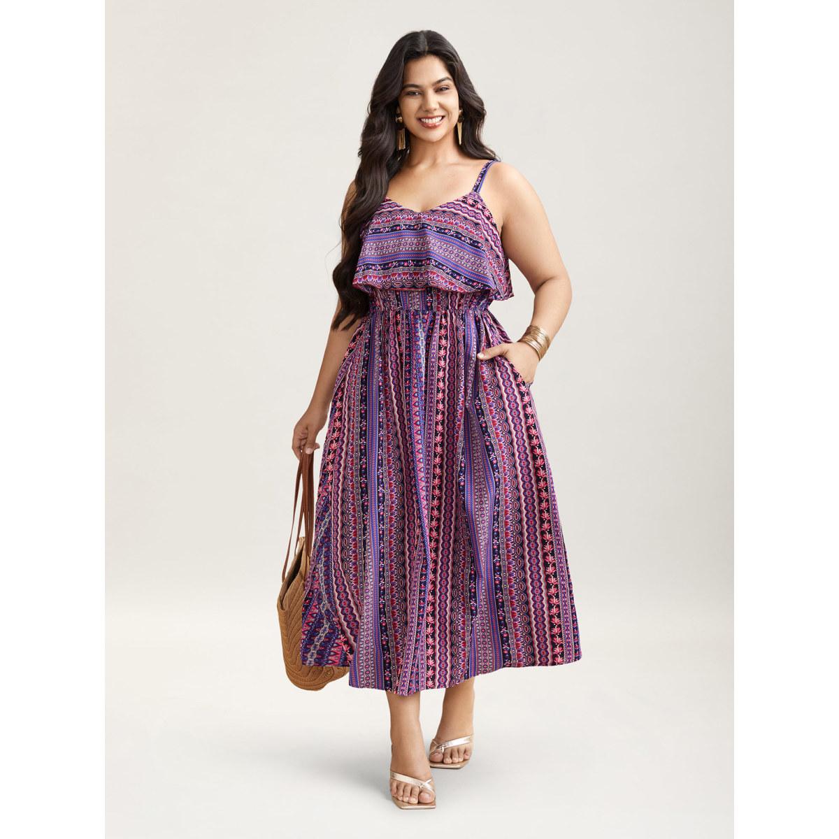 Plus Size Boho Print Stretchy Waist Pockets Midi Dress Deeppurplered Women Boho Tiered V-neck Sleeveless Curvy BloomChic 14-16/1X Product Image