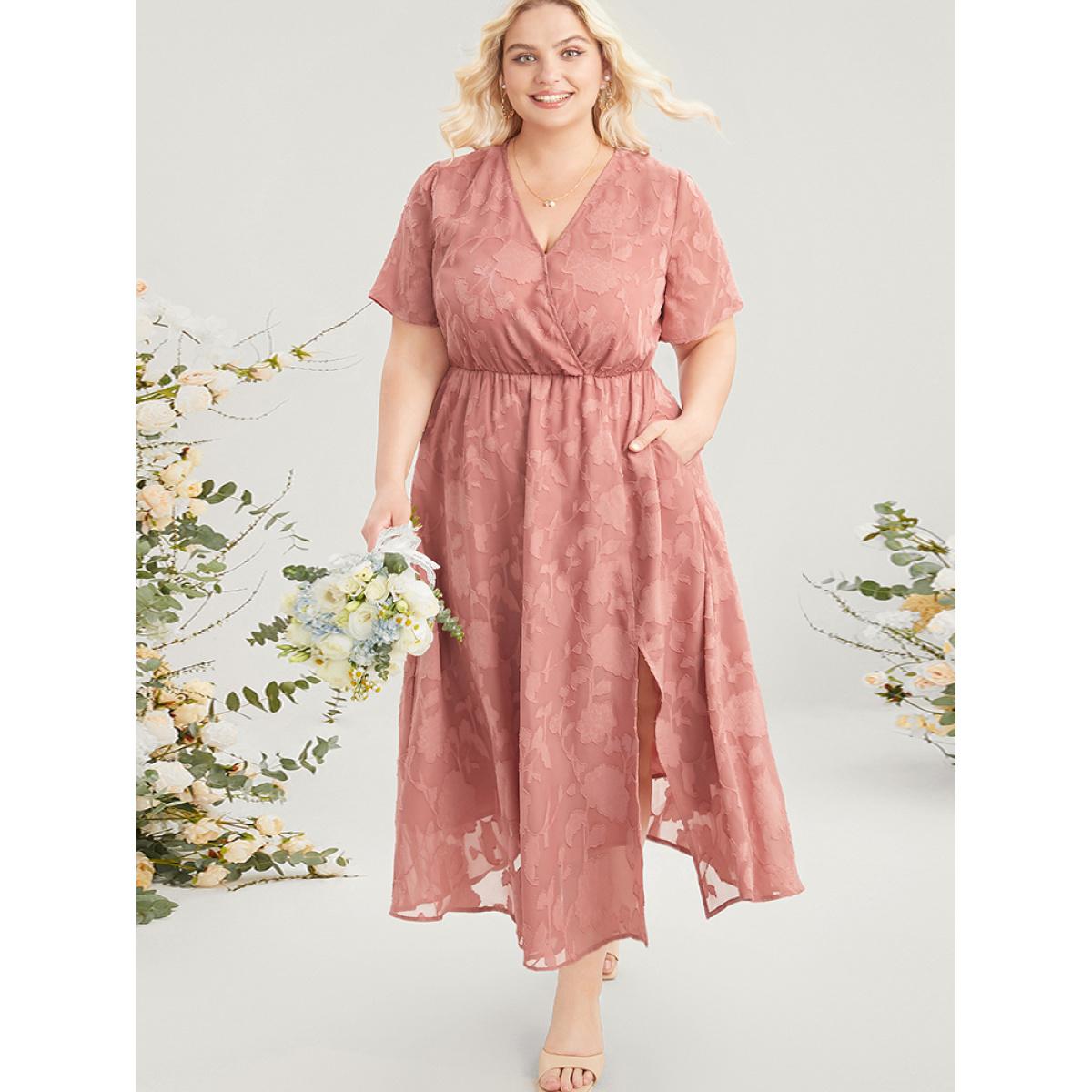 Plus Size Plain Surplice Neck Split Mesh Pocket Ruffles Dress Rouge Women Elegant See through Overlap Collar Short sleeve Curvy Long Dress BloomChic 26/4X Product Image