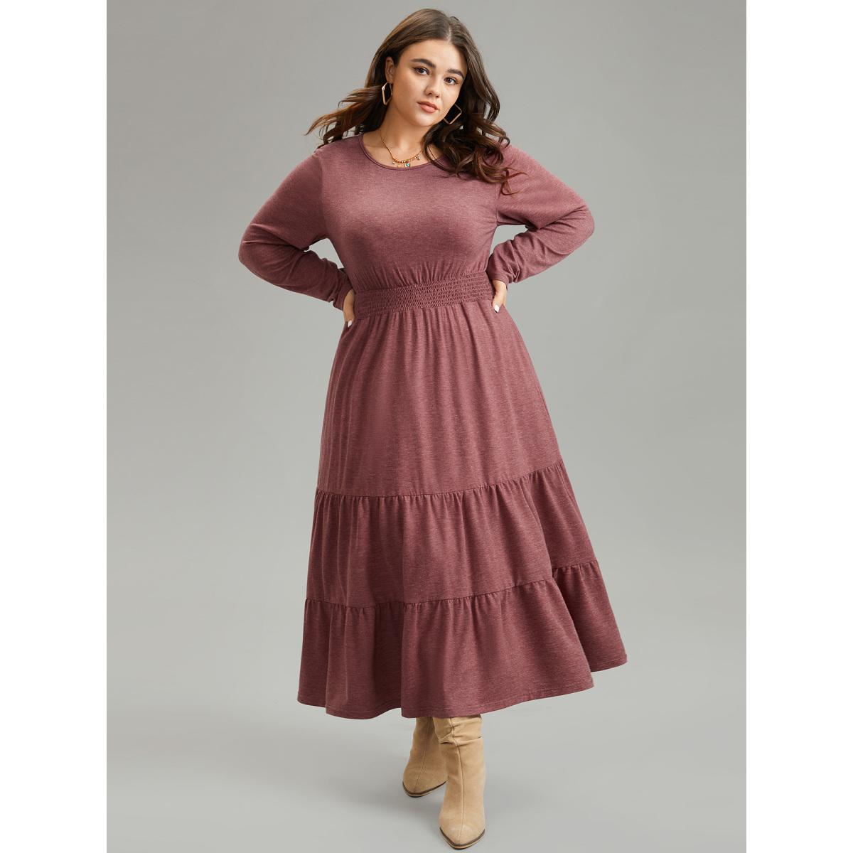 Plus Size Supersoft Essentials Tiered Ruffles Gathered Dress Scarlet Women Casual Gathered Round Neck Long Sleeve Curvy Midi Dress BloomChic 18-20/2X Product Image