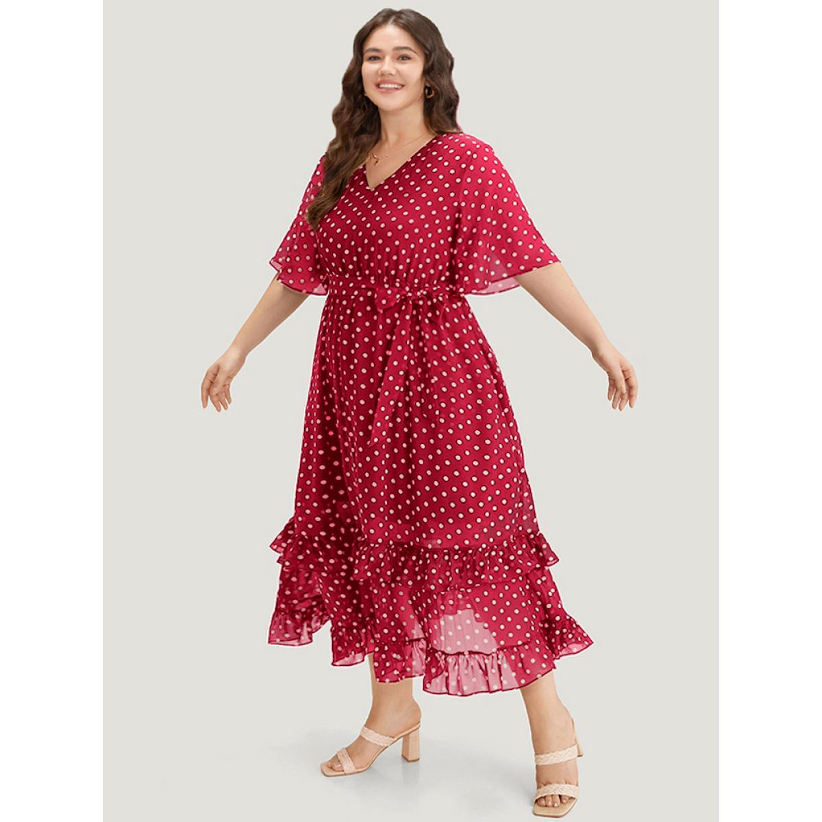Plus Size Polka Dot Ruffles Pocket V Neck Mesh Belted Dress Raspberry Women Elegant Lined V-neck Short sleeve Curvy Midi Dress BloomChic 14-16/1X Product Image