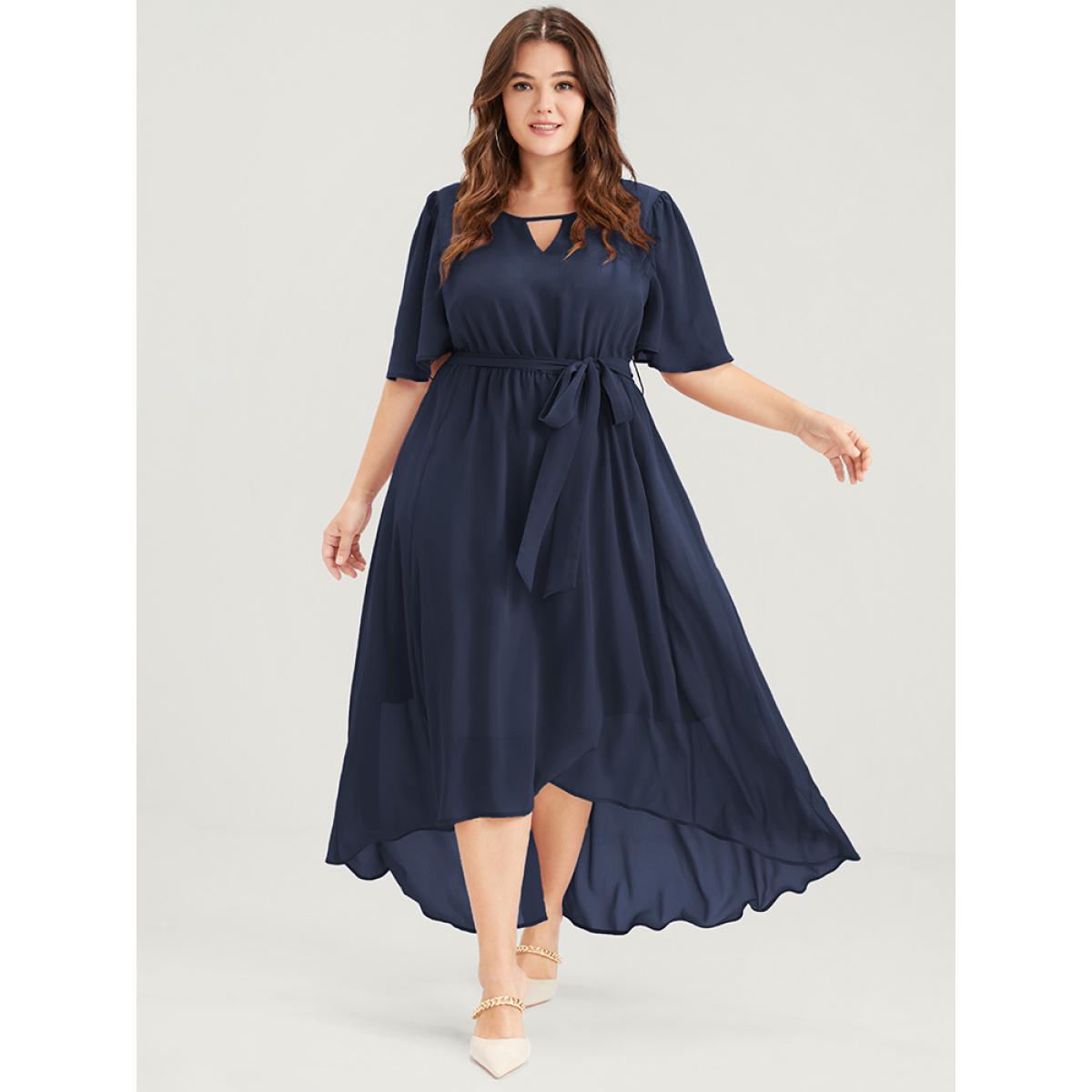 Plus Size Solid Keyhole Neck Ruffle Asymmetrical Hem Belted Maxi Dress Navy Women Casual Elastic Waist Round Neck Half Sleeve Curvy Long Dress BloomChic 22-24/3X Product Image