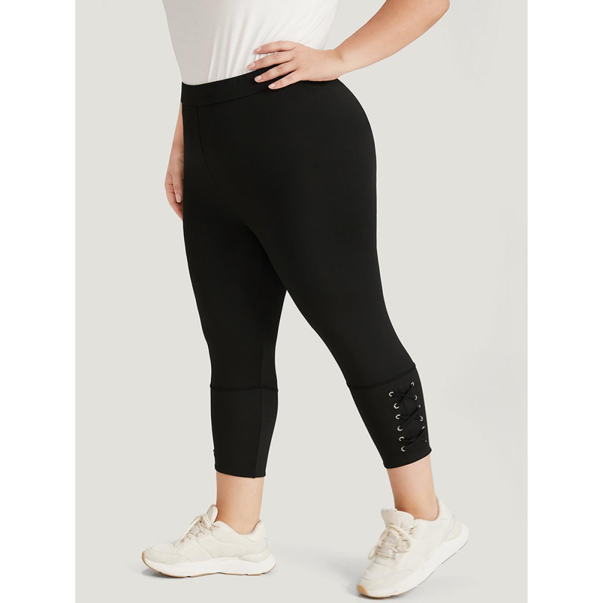 Plus Size Plain Crisscross Hem Elastic Waist Skinny Leggings Women Black Casual No stretch Skinny High Rise Dailywear Leggings BloomChic 30/6X Product Image