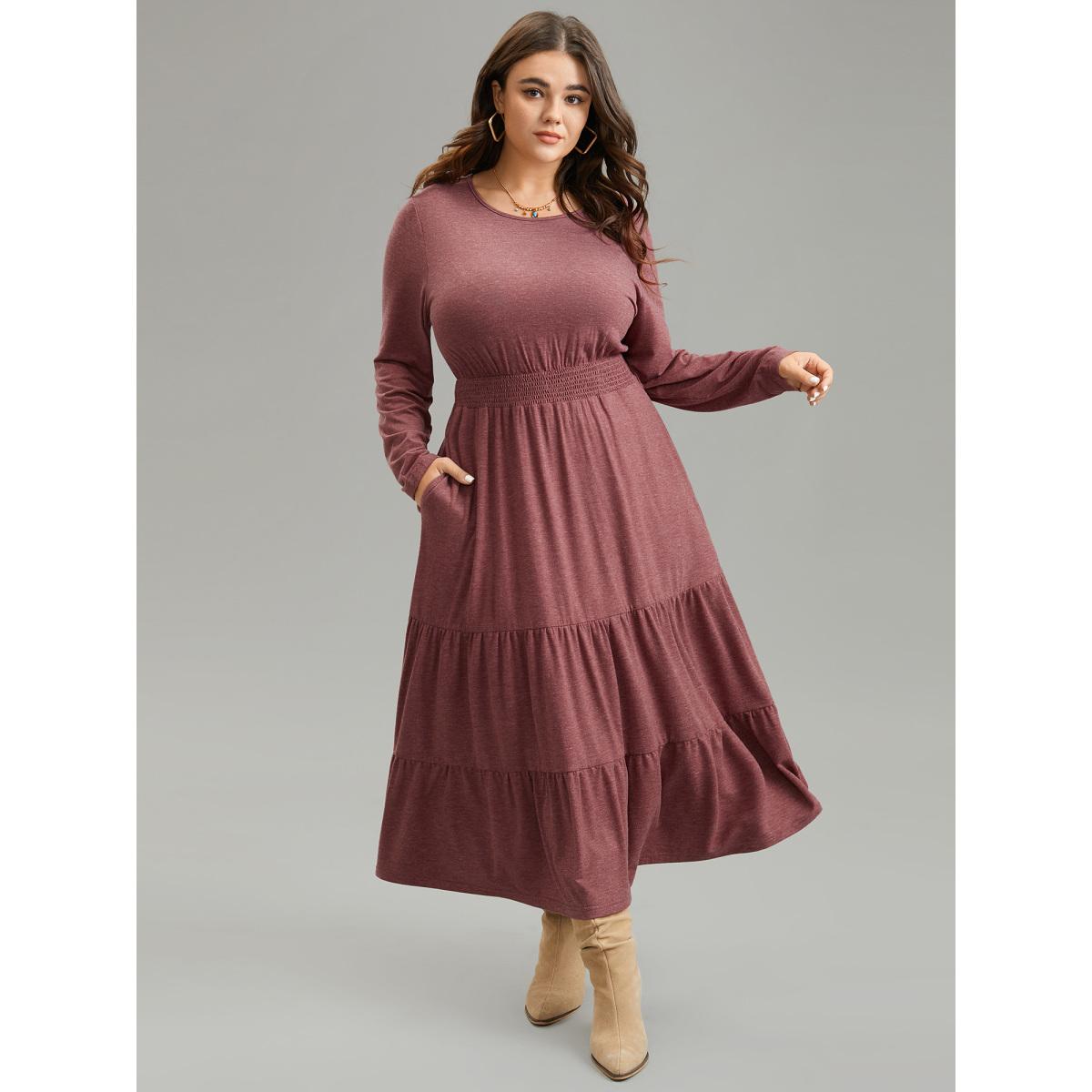 Plus Size Supersoft Essentials Tiered Ruffles Gathered Dress Scarlet Women Casual Gathered Round Neck Long Sleeve Curvy Midi Dress BloomChic 18-20/2X Product Image