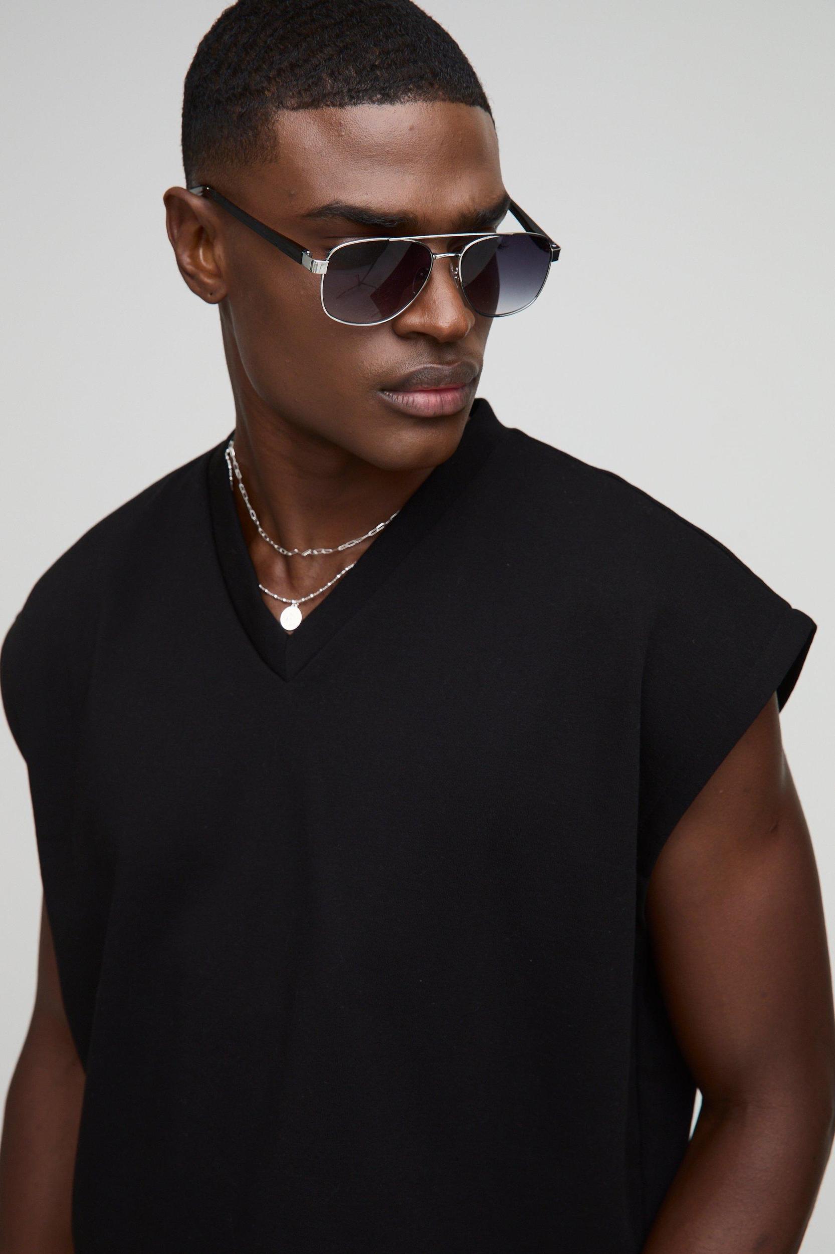 Oversized Boxy Cropped V Neck Sweatshirt Undershirt | boohooMAN USA Product Image