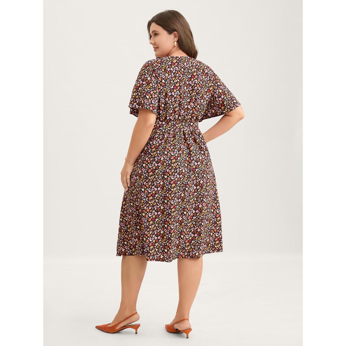 Plus Size Floral Waist Tie Cut-Out Midi Dress Black Women Pleated Round Neck Short sleeve Curvy BloomChic 12/L Product Image