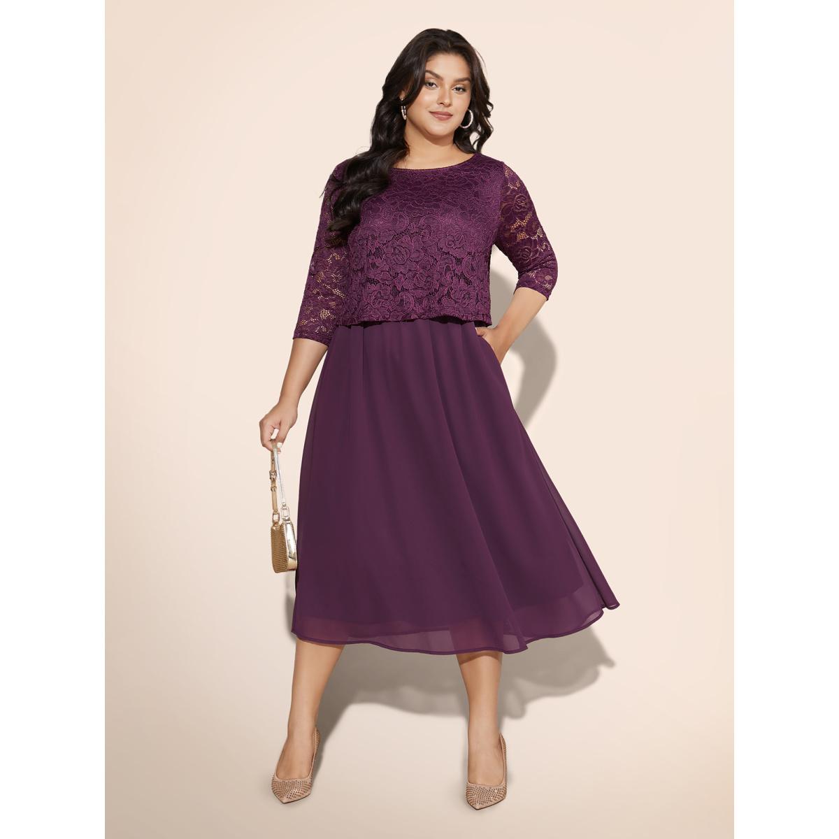 Plus Size Round Neck Crochet Lace Mesh Dress Deeppurplered Women Cocktail Woven ribbon&lace trim Round Neck Elbow-length sleeve Curvy BloomChic 26/4X Product Image