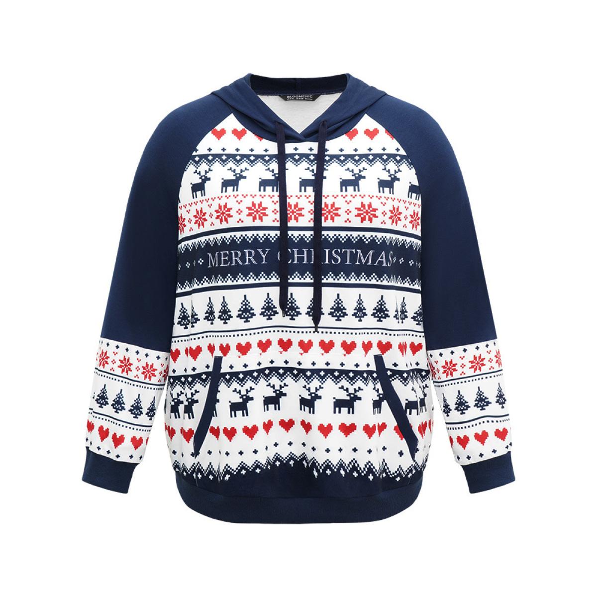 Plus Size Christmas Pocket Rib Knit Hooded Raglan Sleeve Sweatshirt Women Navy Casual Rib Knit Hooded Festival-Christmas Sweatshirts BloomChic 10/M Product Image