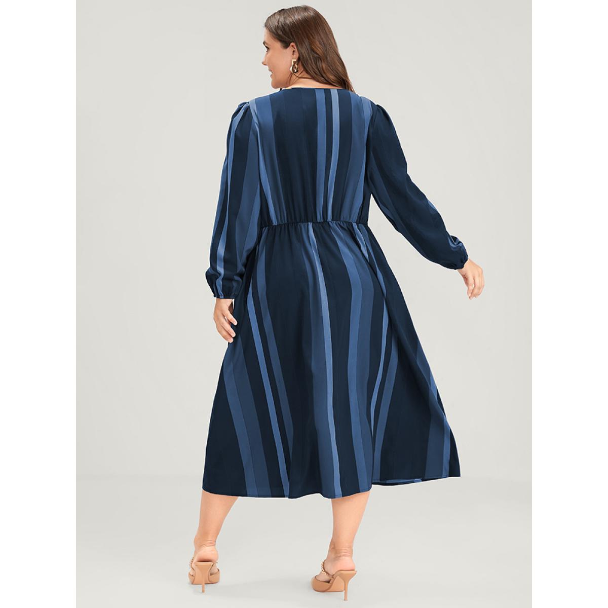 Plus Size Striped Lantern Sleeve Pocket Button Front Midi Dress Navy Women Vacation Printed V-neck Long Sleeve Curvy Midi Dress BloomChic 10/M Product Image