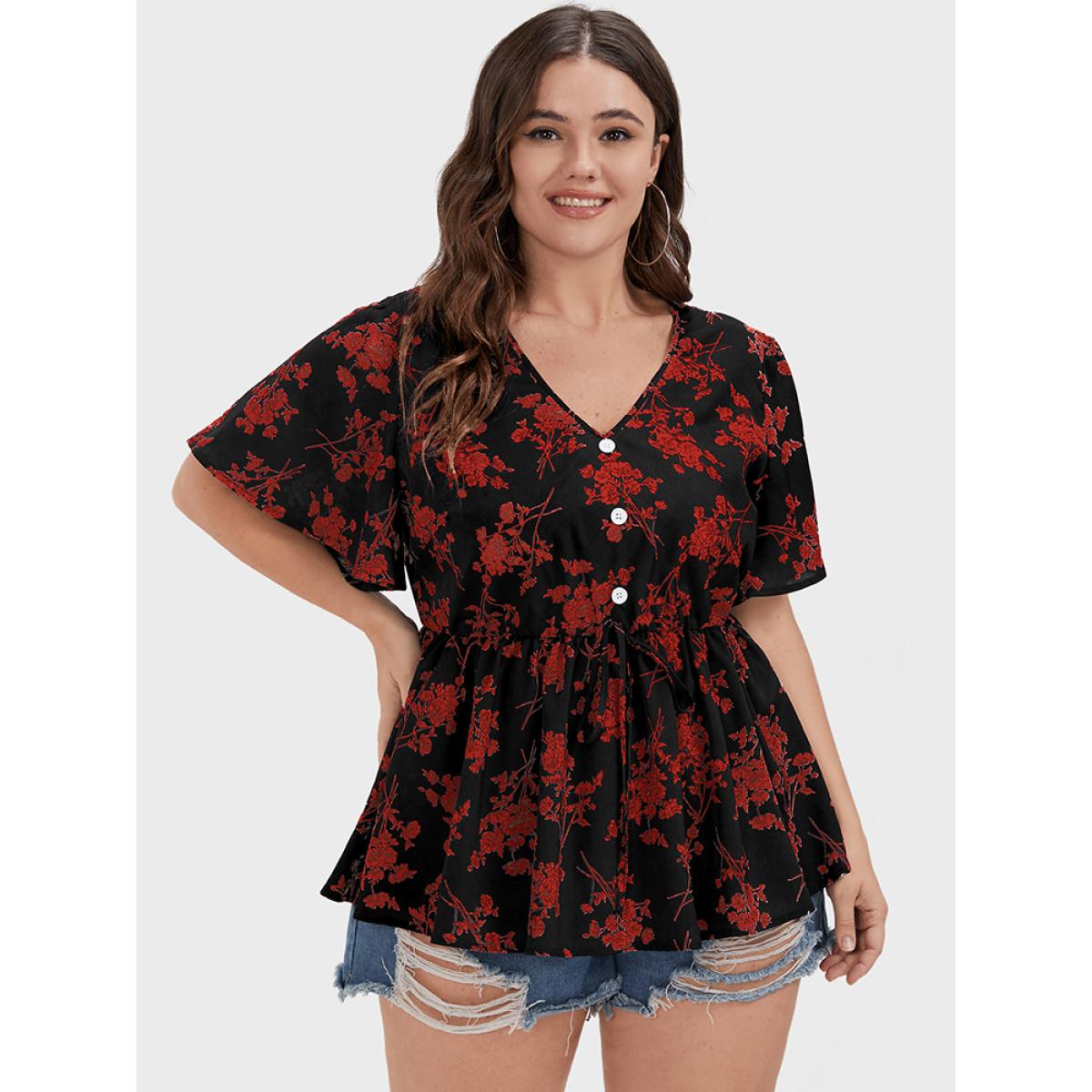 Plus Size Raspberry Floral Ties Button Ruffles V Neck Blouse Women Elegant Short sleeve V-neck Dailywear Blouses BloomChic 12/L Product Image
