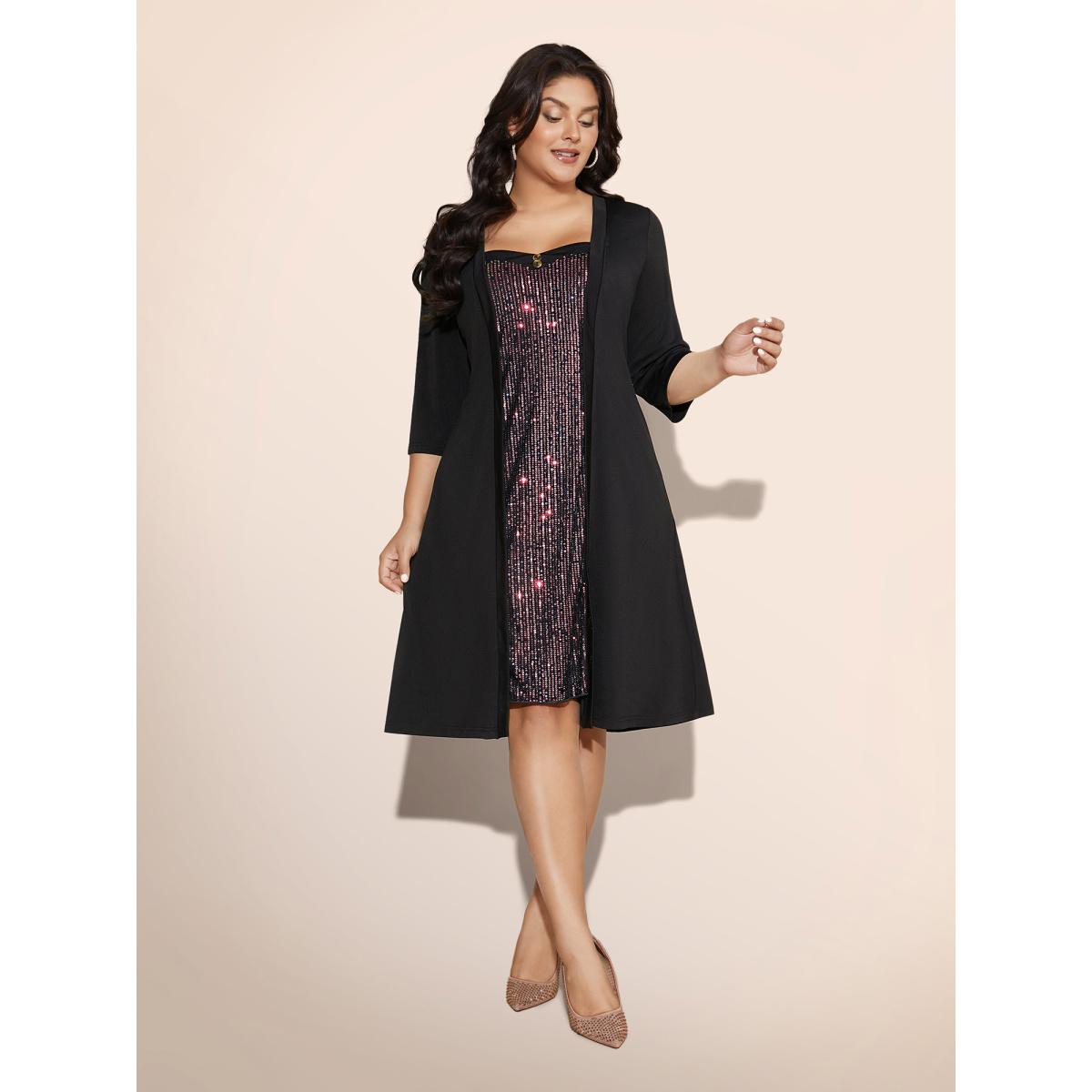 Plus Size Heart Neckline Patchwork Sequin Button Detail Dress DarkGreen Women Party&Cocktail Texture Party Curvy Bloomchic 30/6X Product Image