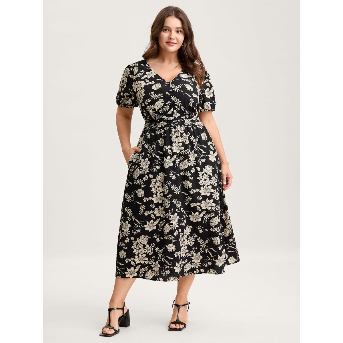 Plus Size Silhouette Floral Pleated Waist V-Neck Midi Dress Black Women Tucked seam V-neck Short sleeve Curvy BloomChic 22-24/3X Product Image