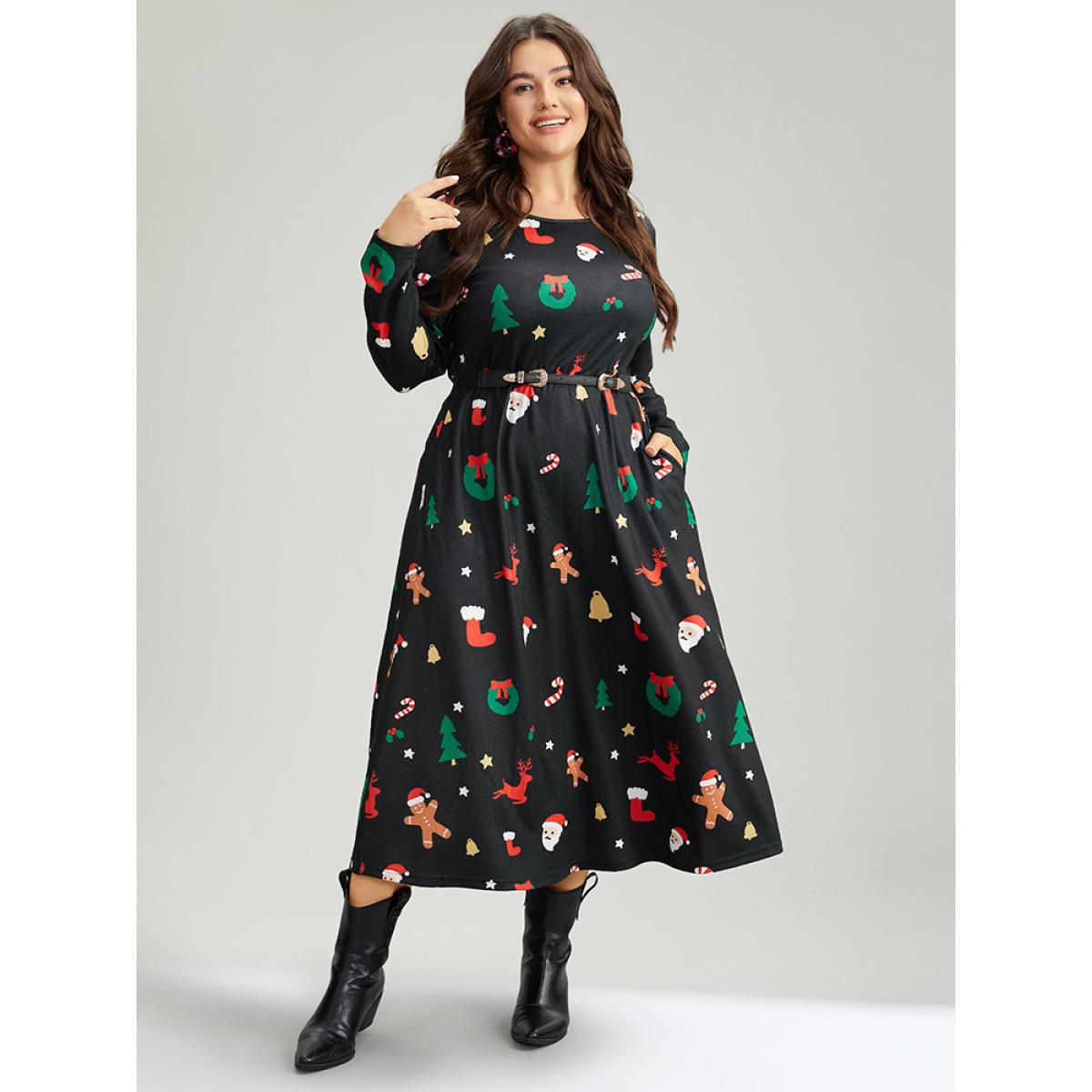 Plus Size Christmas Print Pocket Elastic Waist Dress Multicolor Women Casual Printed Round Neck Long Sleeve Curvy Midi Dress BloomChic 22-24/3X Product Image