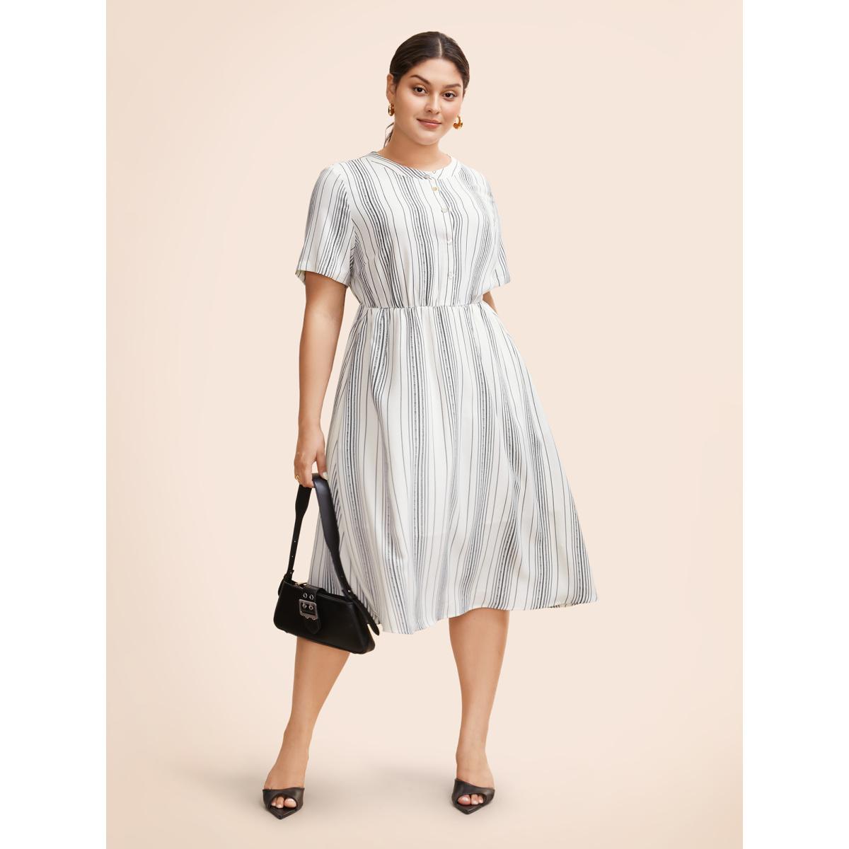 Plus Size Round Neck Striped Button Up Midi Dress WhiteSmoke Women At the Office Button Round Neck Short sleeve Curvy BloomChic 14-16/1X Product Image