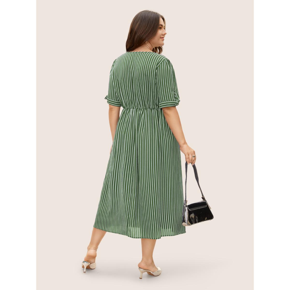 Plus Size Striped Knot Sleeve Button Detail Dress Truegreen Women At the Office Tie knot V-neck Short sleeve Curvy BloomChic 26/4X Product Image