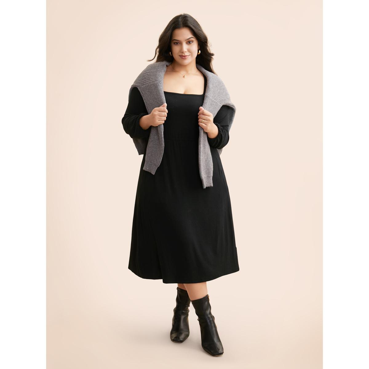 Plus Size Supersoft Essentials Elastic Waist Midi Dress Black Women Basics Texture Square Neck Long Sleeve Curvy BloomChic 18-20/2X Product Image