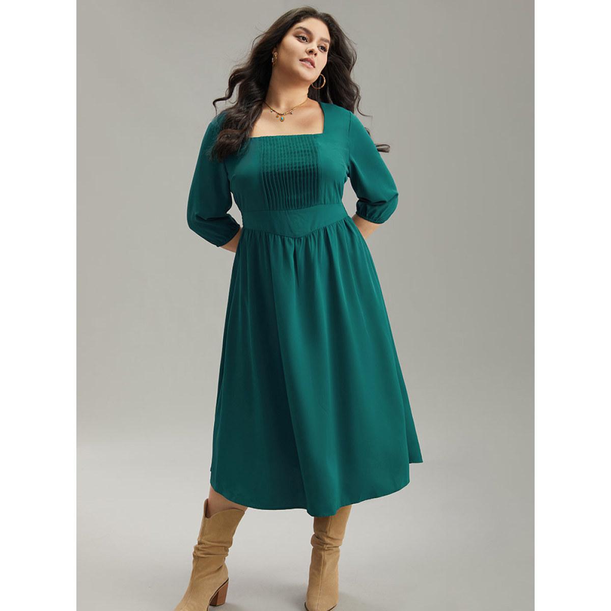 Plus Size Anti-Wrinkle Square Neck Pleated Gathered Dress Aegean Women Vacation Elastic cuffs Square Neck Elbow-length sleeve Curvy Midi Dress BloomChic 10/M Product Image