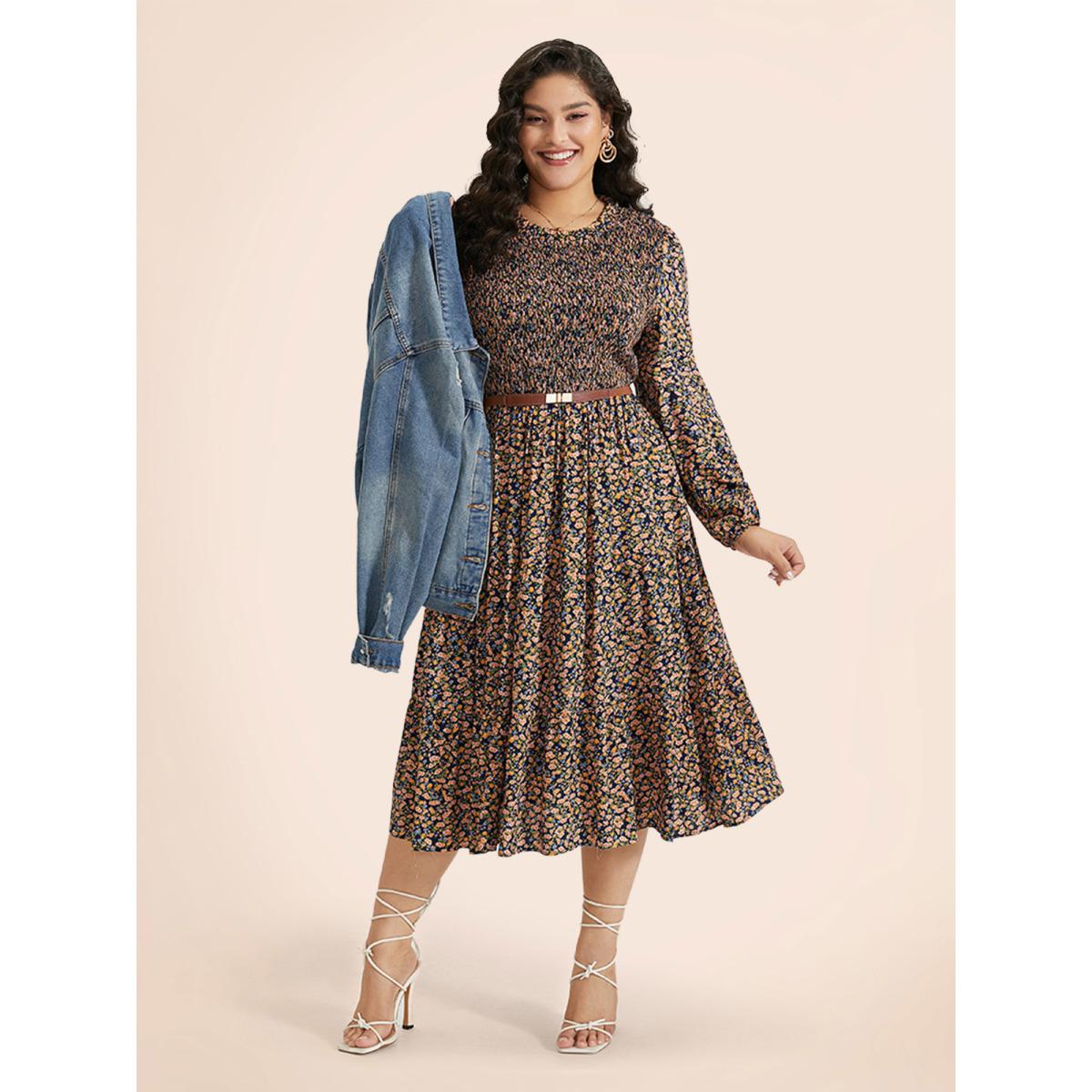 Plus Size Ditsy Floral Shirred Pocket Pleated Frill Trim Dress Indigo Women Leisure Elastic cuffs Round Neck Long Sleeve Curvy Midi Dress BloomChic 26/4X Product Image