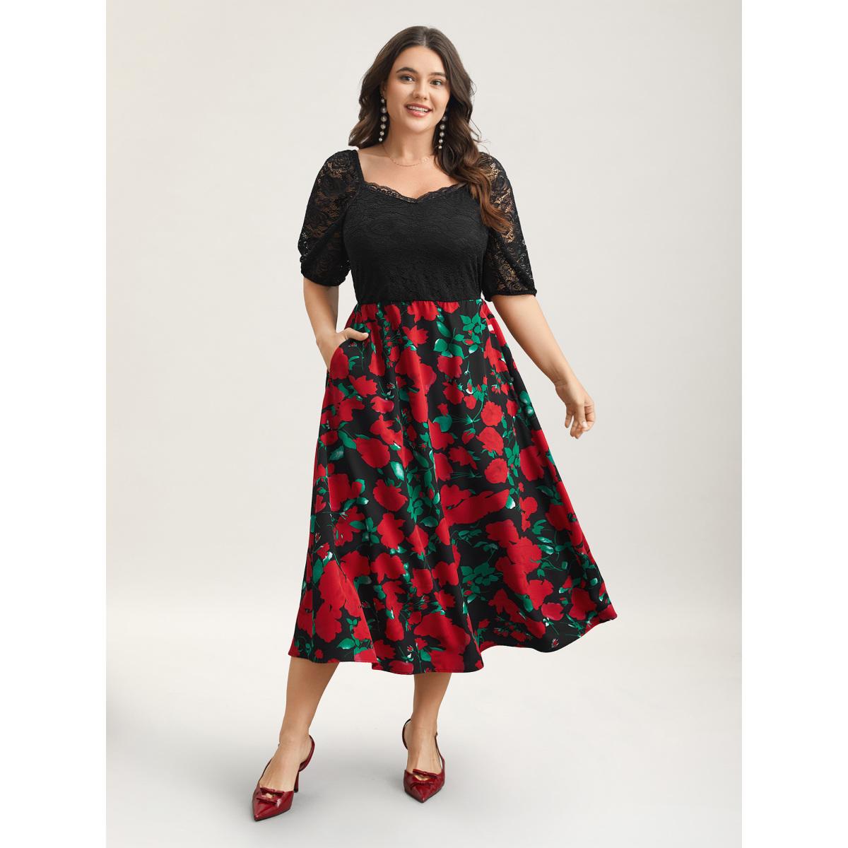 Plus Size Mix Print Sheer Lace Sleeve Maxi Dress Black Women Elegant Woven ribbon&lace trim Heart neckline Short sleeve Curvy BloomChic 28/5X Product Image