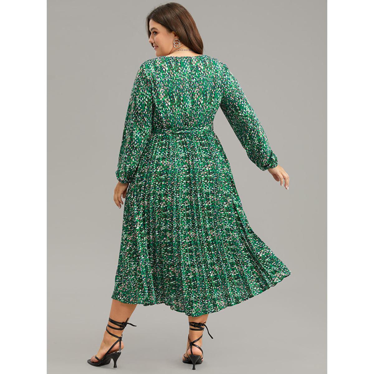 Plus Size Ditsy Floral Belted Pleated Dress Cyan Women Glamour Belted V-neck Long Sleeve Curvy Midi Dress BloomChic 22-24/3X Product Image