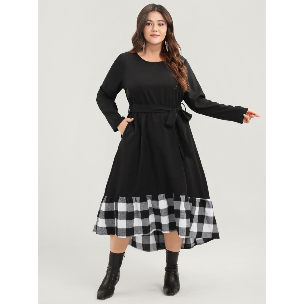 Plus Size Plaid Patchwork Pocket Belted Asymmetrical Hem Dress Black Women Elegant Belted Round Neck Long Sleeve Curvy Midi Dress BloomChic 30/6X Product Image