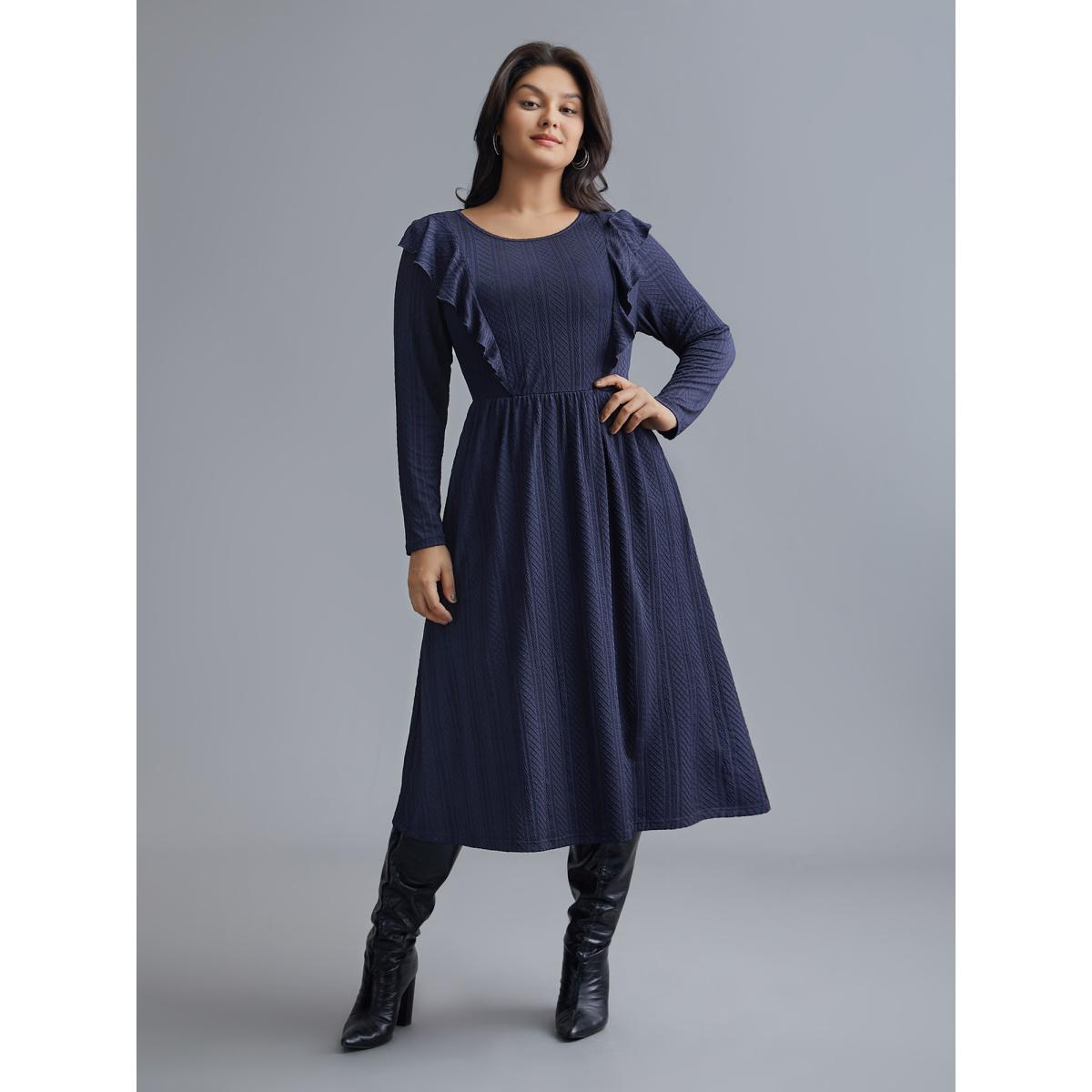 Plus Size Plain Crew Neck Ruffle Trim Plisse Dress Midnight Women Casual Texture Knit Dresses Bloomchic 18-20/2X Product Image