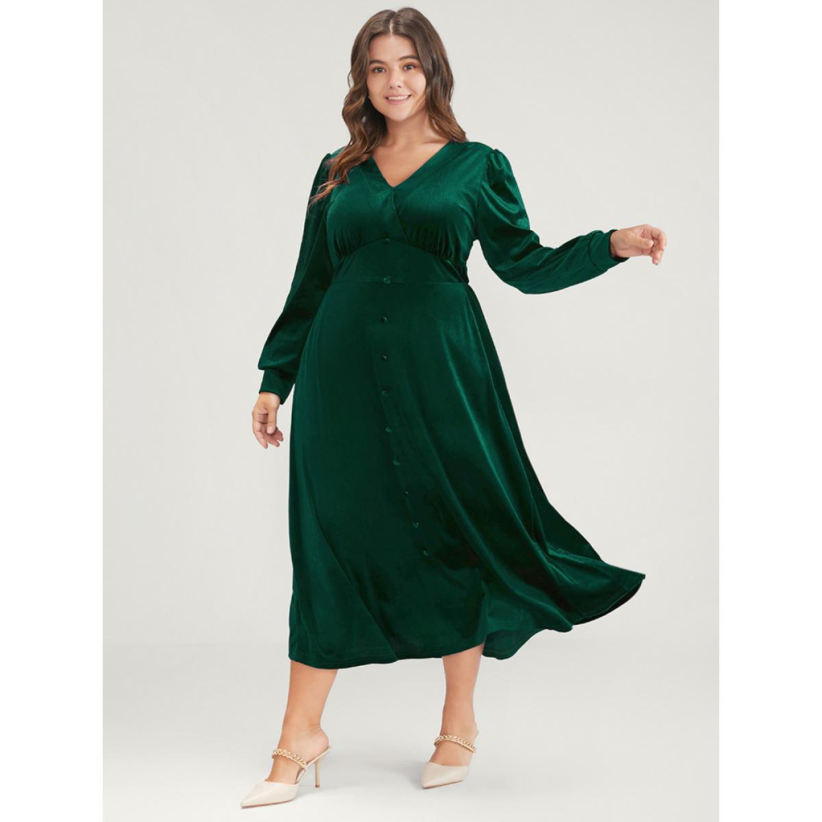 Plus Size Solid V Neck Button Detail Pocket Velvet Dress Green Women Glamour Button V-neck Long Sleeve Curvy Midi Dress BloomChic 10/M Product Image