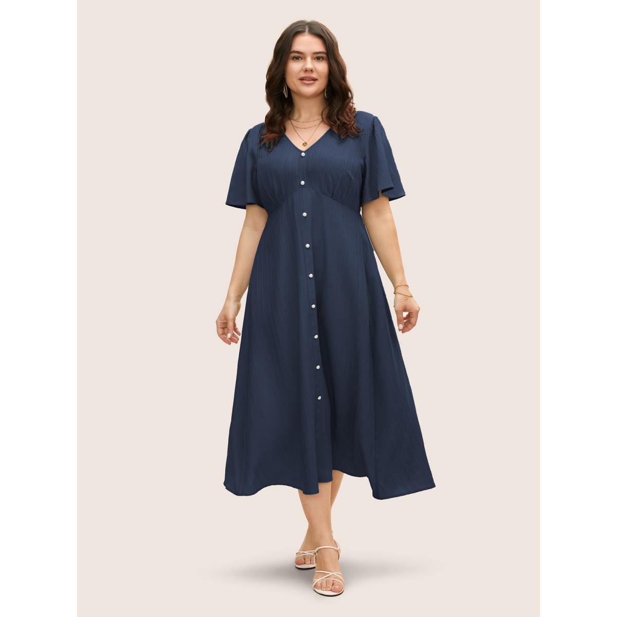 Plus Size V Neck Button Detail Flutter Sleeve Dress Navy Women Elegant Texture V-neck Short sleeve Curvy BloomChic 30/6X Product Image