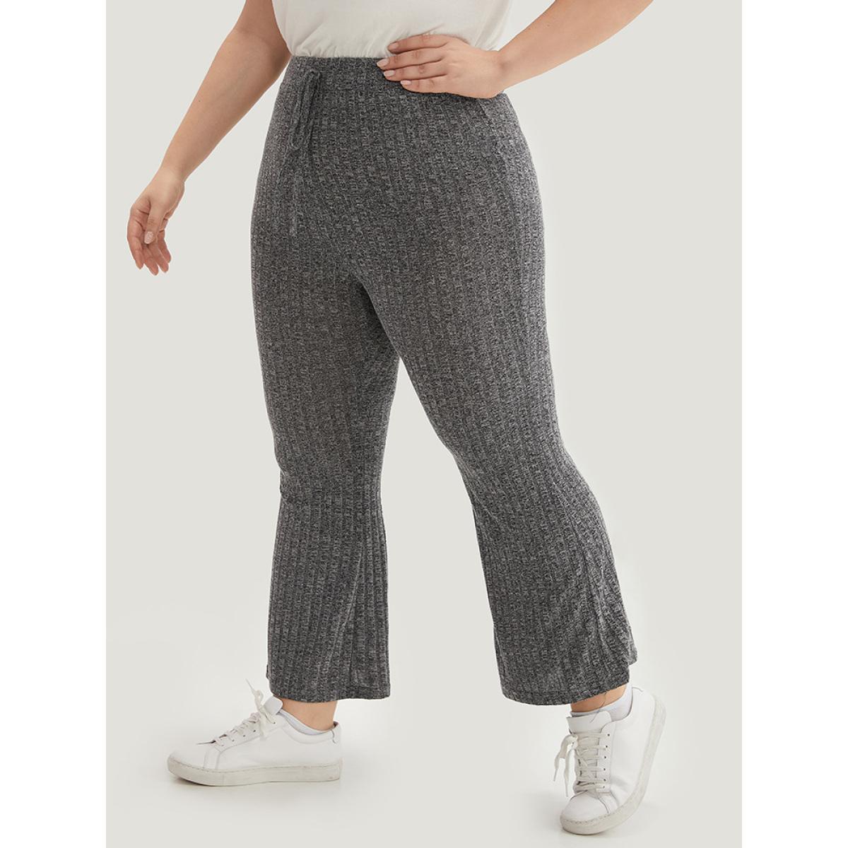Rib Knit Bowknot Flare Leg Sweatpants Gray Plus Size Women Casual Dailywear Plain 12/L Bloomchic Product Image