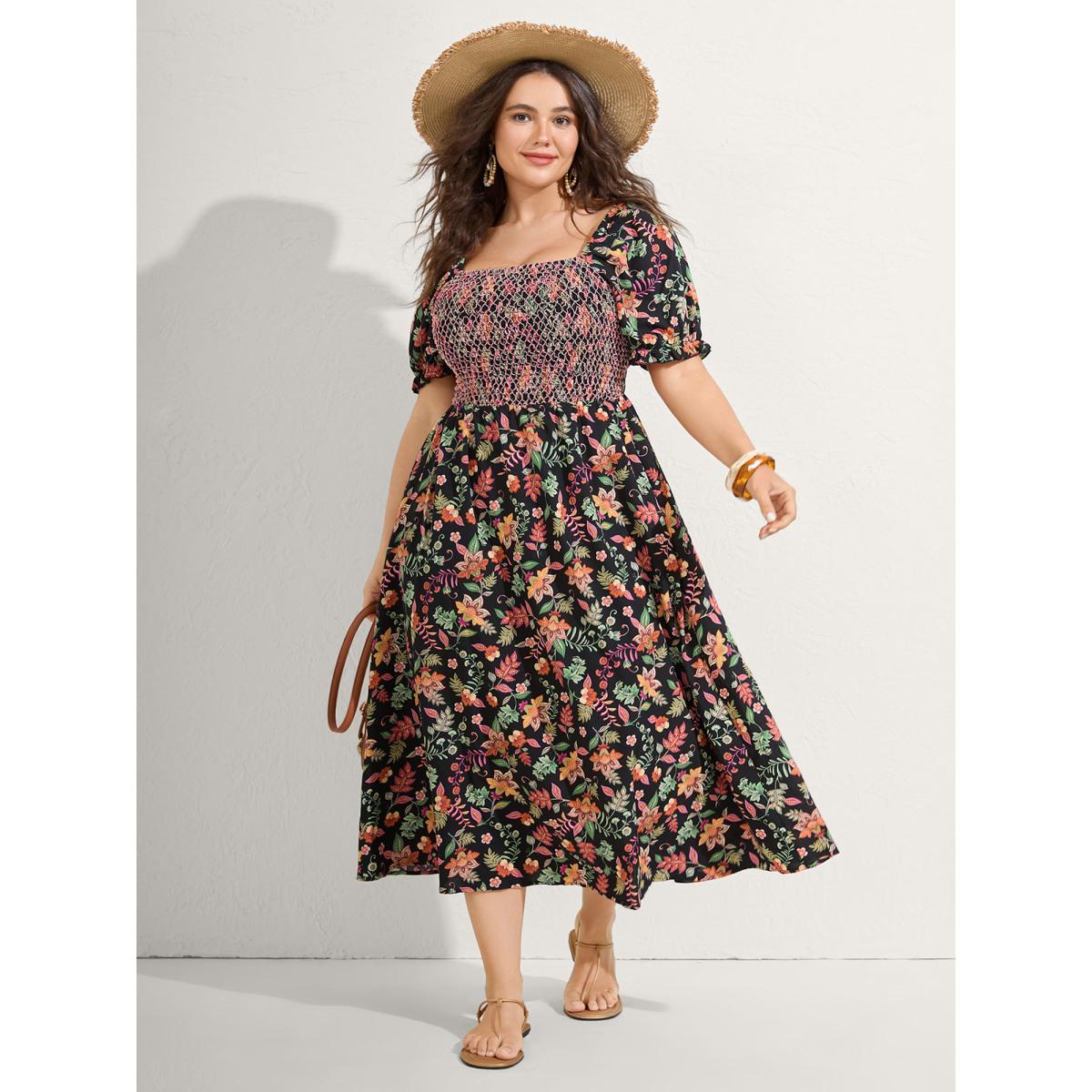 Plus Size Net Shirred Paisley Print Midi Dress Black Women Shirred Square Neck Short sleeve Curvy BloomChic 18-20/2X Product Image