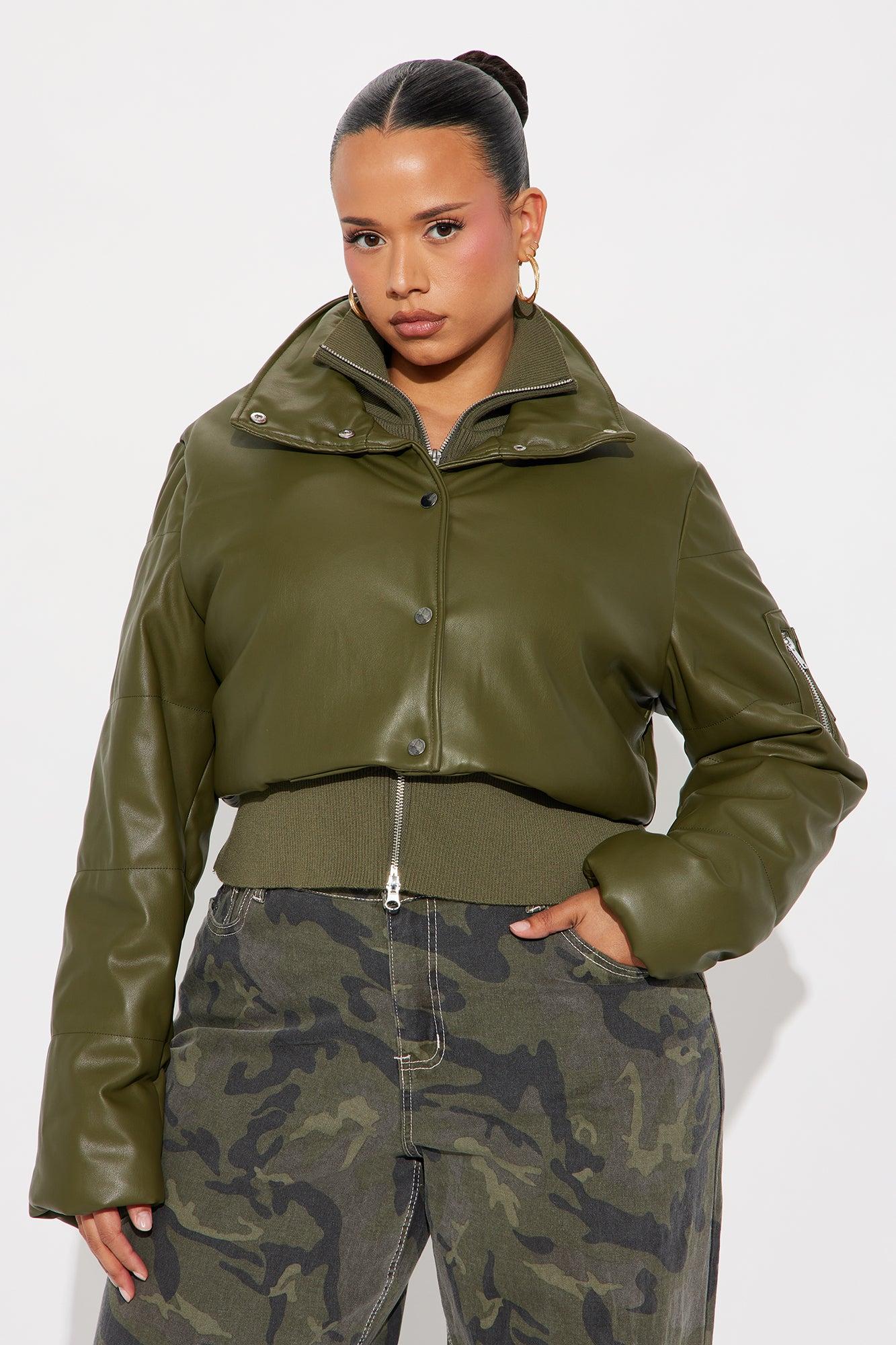 Demi Faux Leather Puffer Jacket - Olive Female Product Image