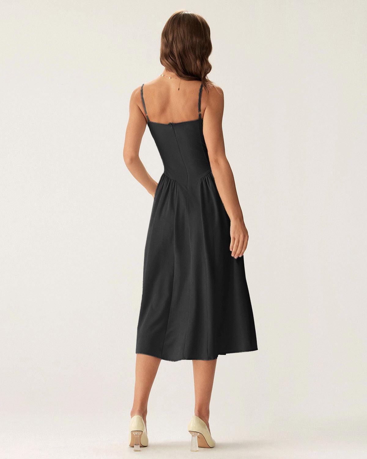 Black Square Neck Pocket Slip Midi Dress Product Image