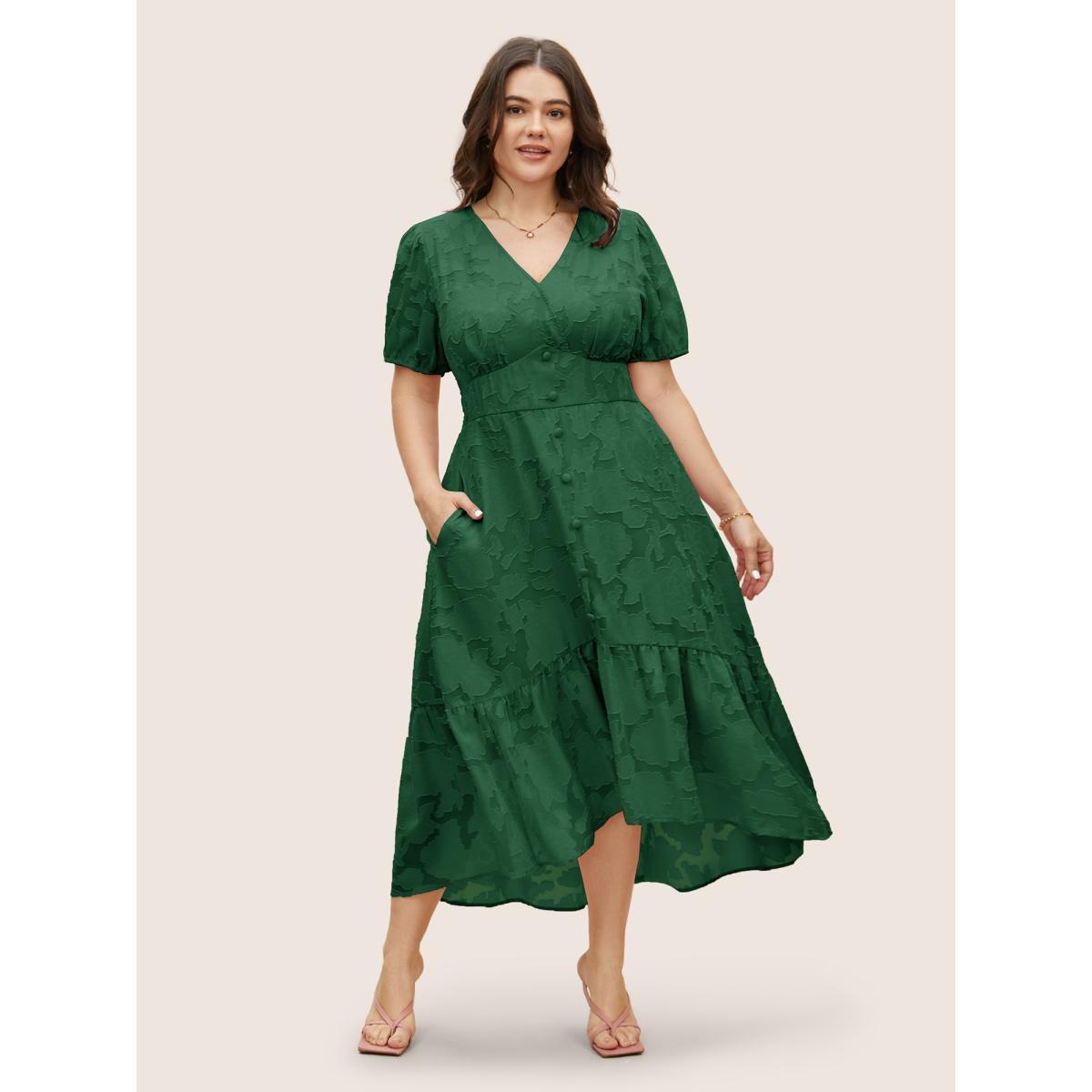 Plus Size Solid Textured Lantern Sleeve Button Detail Dress Emerald Women Elegant Button V-neck Short sleeve Curvy BloomChic 28/5X Product Image