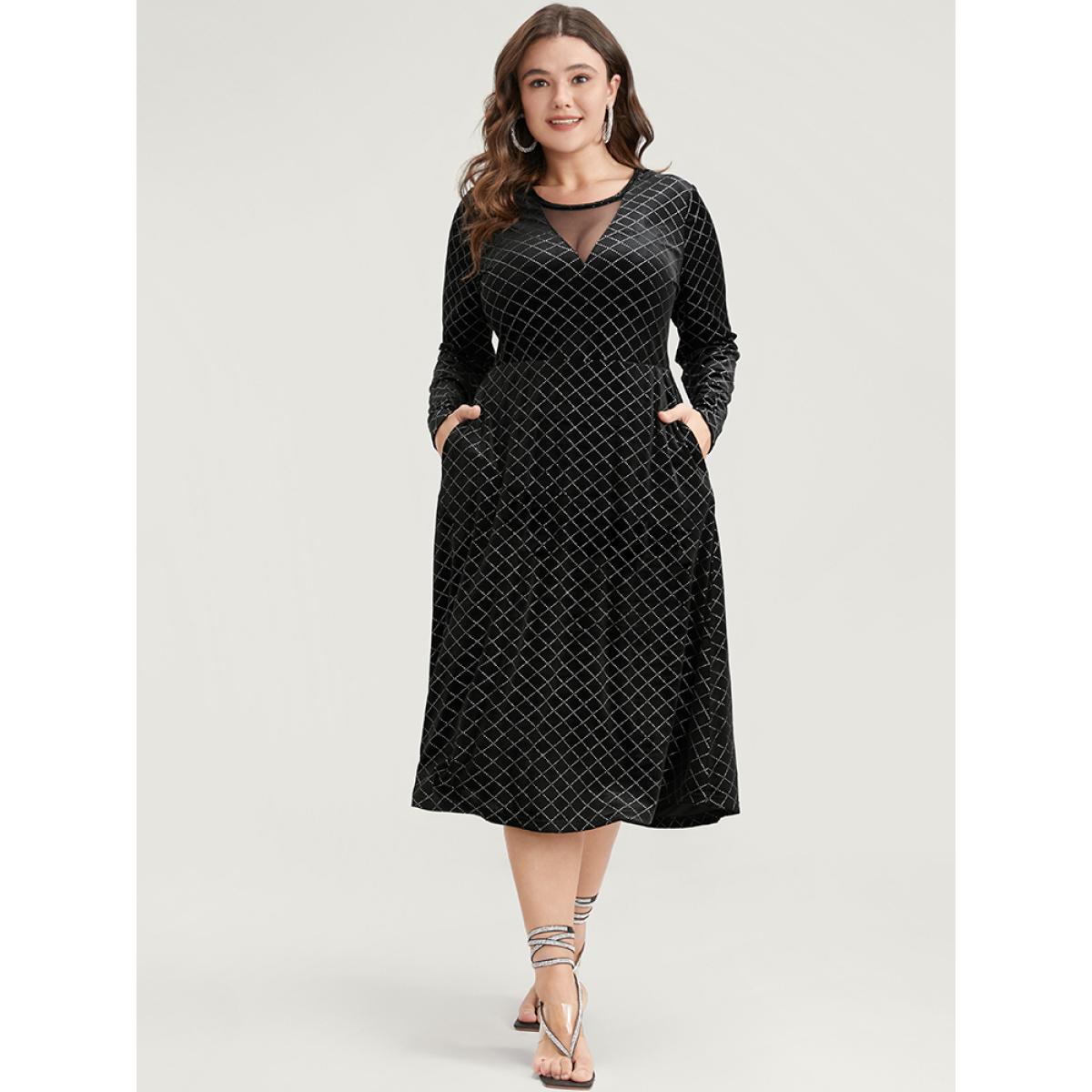 Plus Size Plaid Glitter Mesh Insert Pocket Velvet Dress Black Women Party Velvet Round Neck Long Sleeve Curvy Midi Dress BloomChic 30/6X Product Image