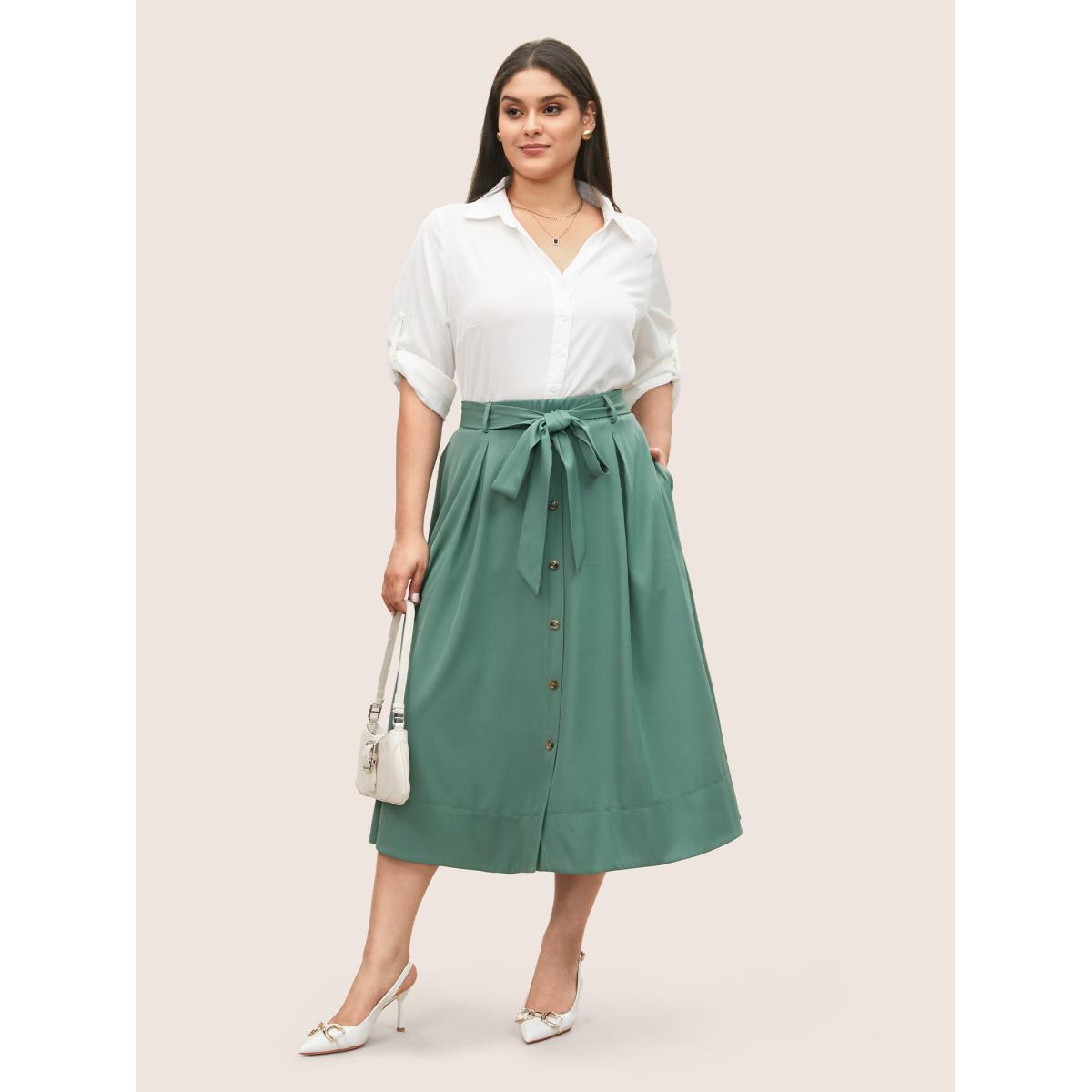 Plus Size Plain Elastic Waist Pleated Belted Skirt Women Mint At the Office Belted No stretch Slanted pocket Belt Work Skirts BloomChic 18-20/2X Product Image