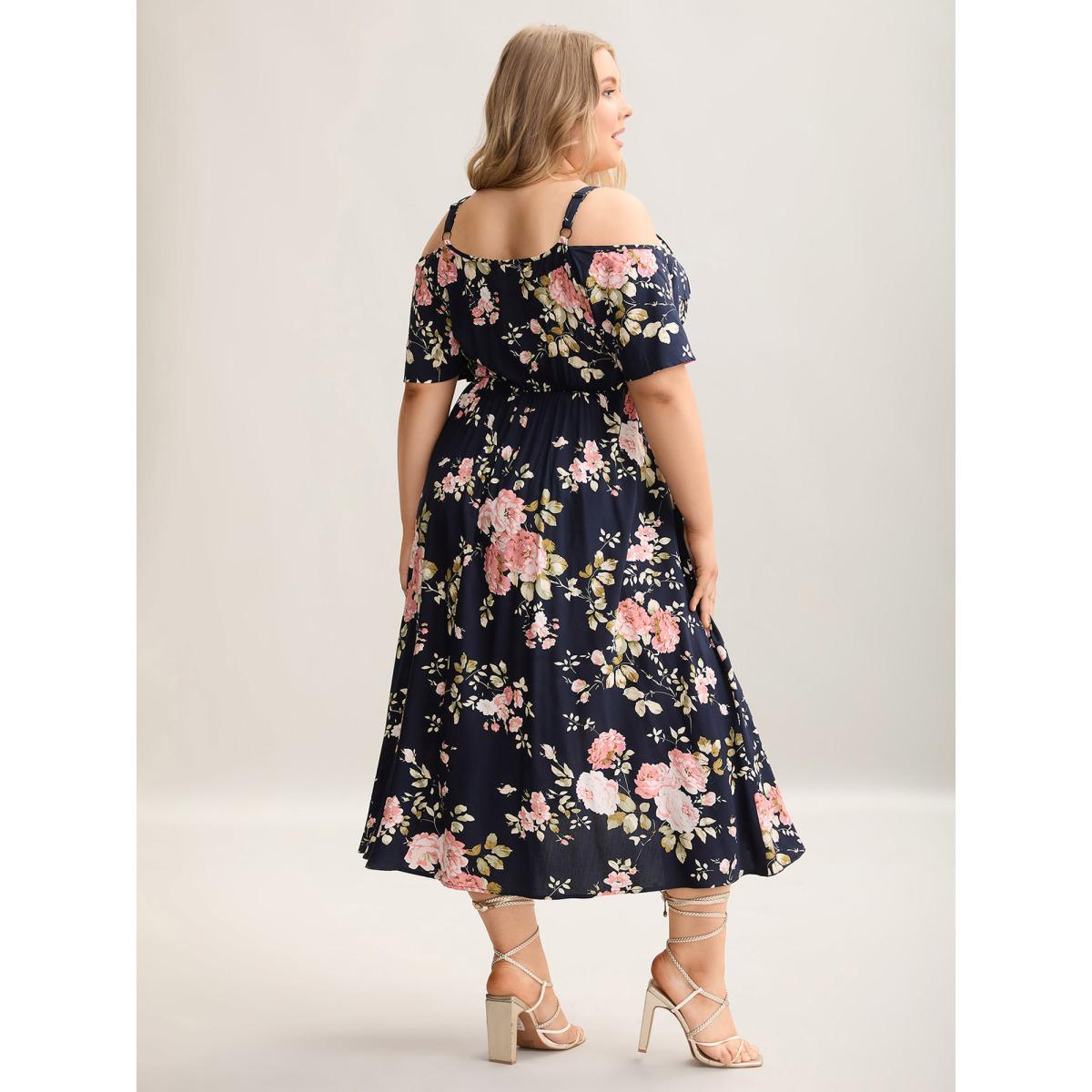 Plus Size Ruffled Neck Off-Shoulder Floral Midi Dress Navy Women Romantic Ruffles V-neck Short sleeve Curvy BloomChic 12/L Product Image