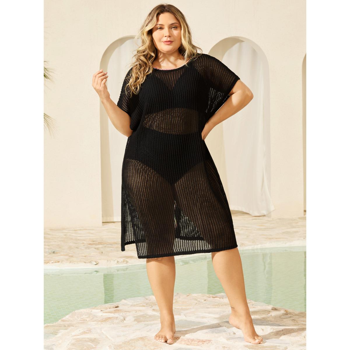 Plus Size Crochet Flower Backless Slit Swim Cover-Up Women's Swimwear Black Beach Loose Curve Swim Cover Ups BloomChic 14-16/1X Product Image