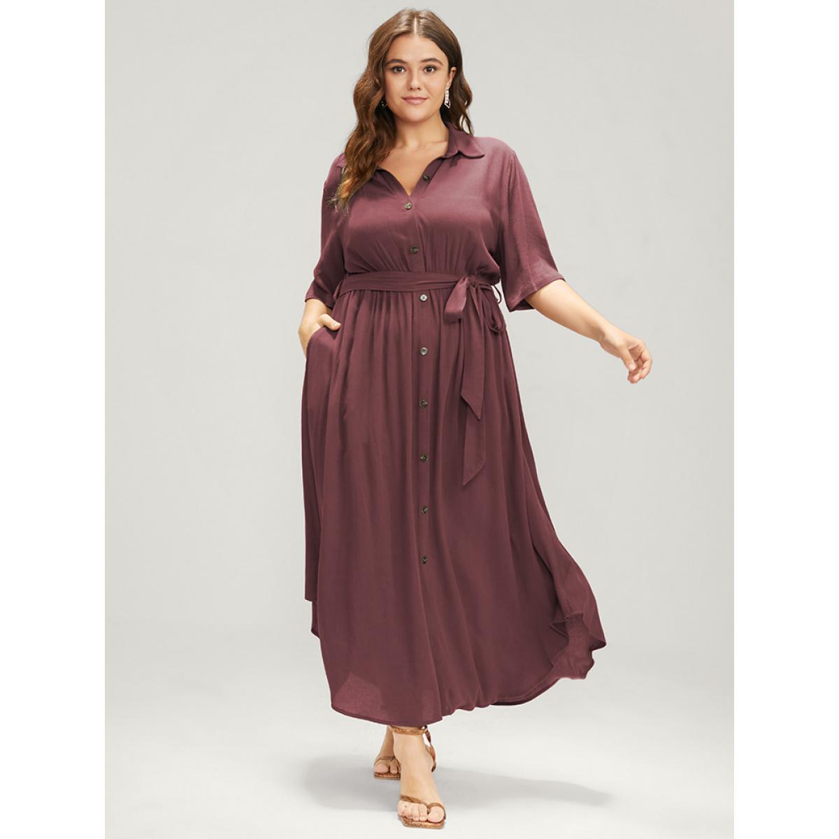 Belted Shirt Collar Button Plus Size Shirtdress Women Workleisure Plain Sleeve Short Sleeve Shirt Collar Pocket Workwear Long Dress BloomChic Product Image