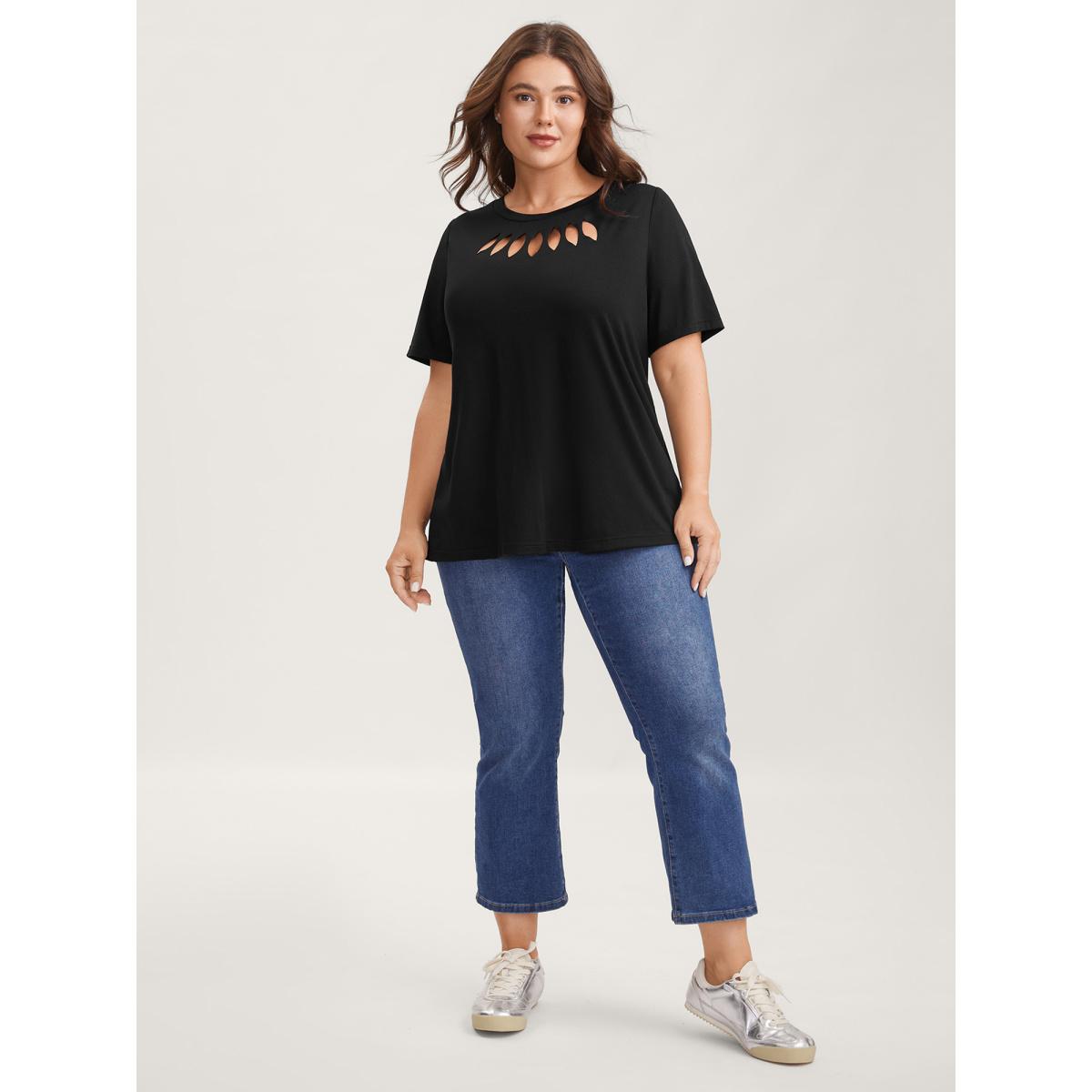 Plus Size Laser Cut-Out Neck Solid T-Shirt Black Women Cut-Out Round Neck Everyday-Casual T-shirts BloomChic 18-20/2X Product Image