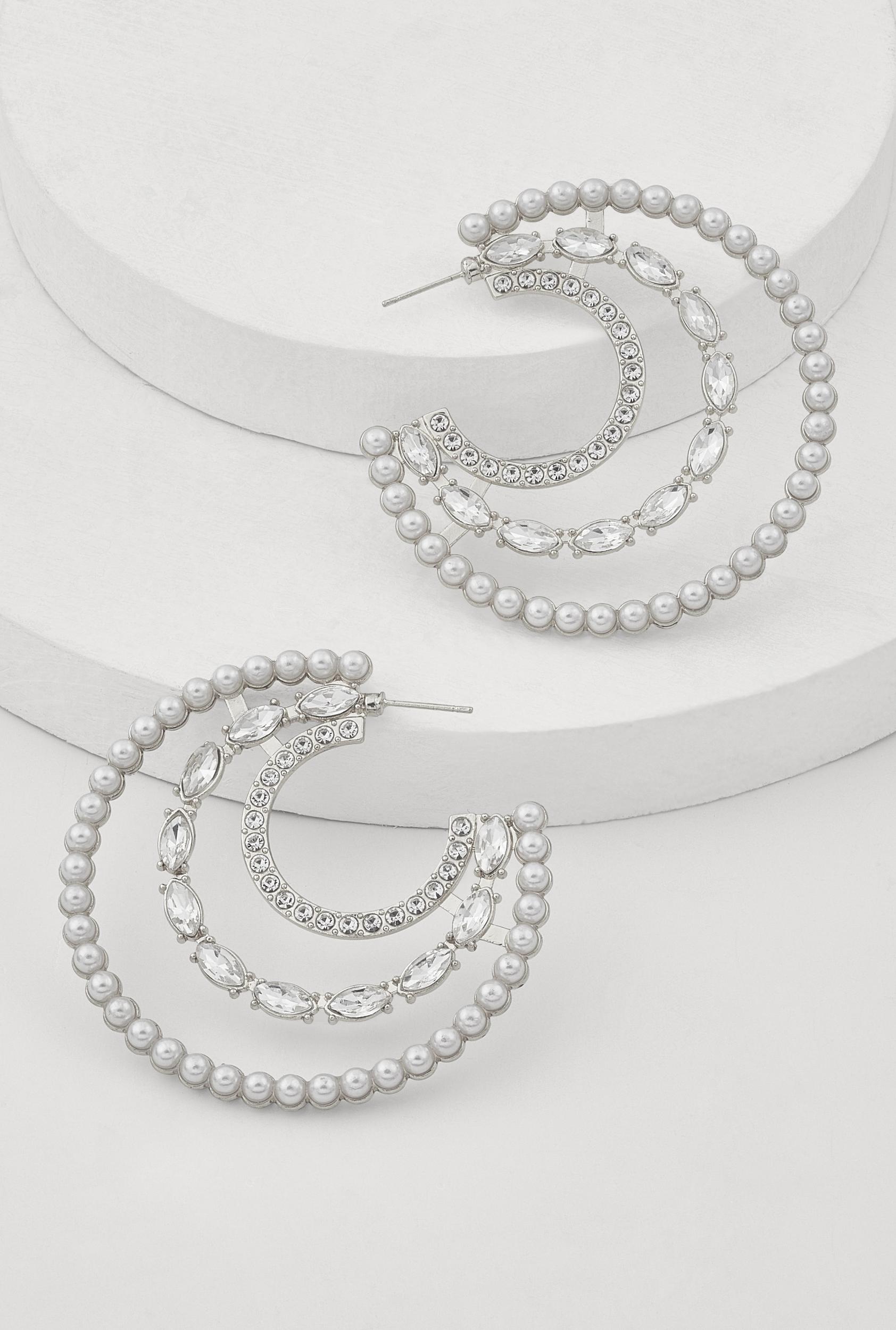 Faux Pearl Rhinestone Crescent Moon Earrings Unisex Product Image