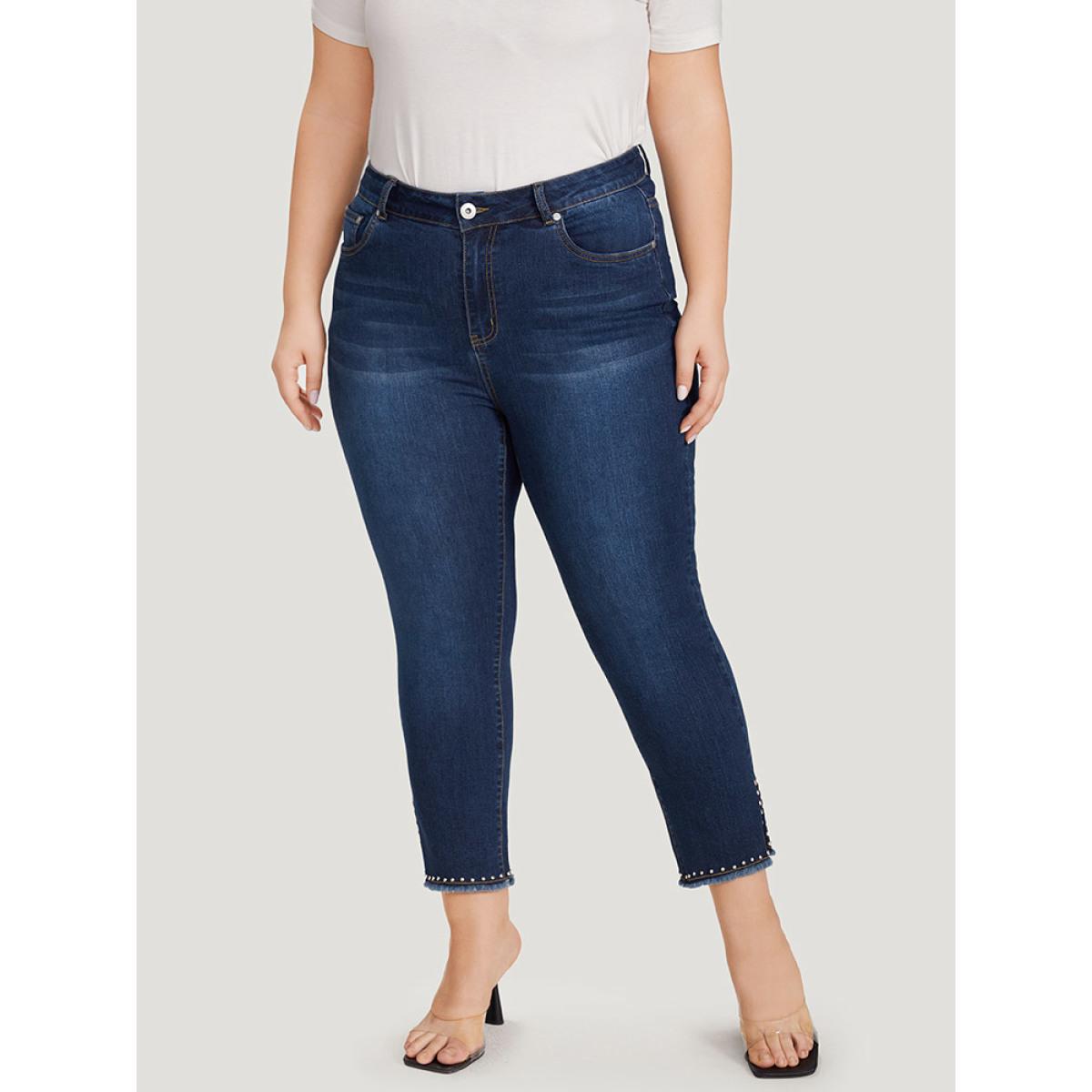 Plus Size Plain Split Side Beaded Detail Dark Wash Jeans Women DarkBlue Casual Plain Beaded High stretch Pocket Jeans BloomChic 10/M Product Image