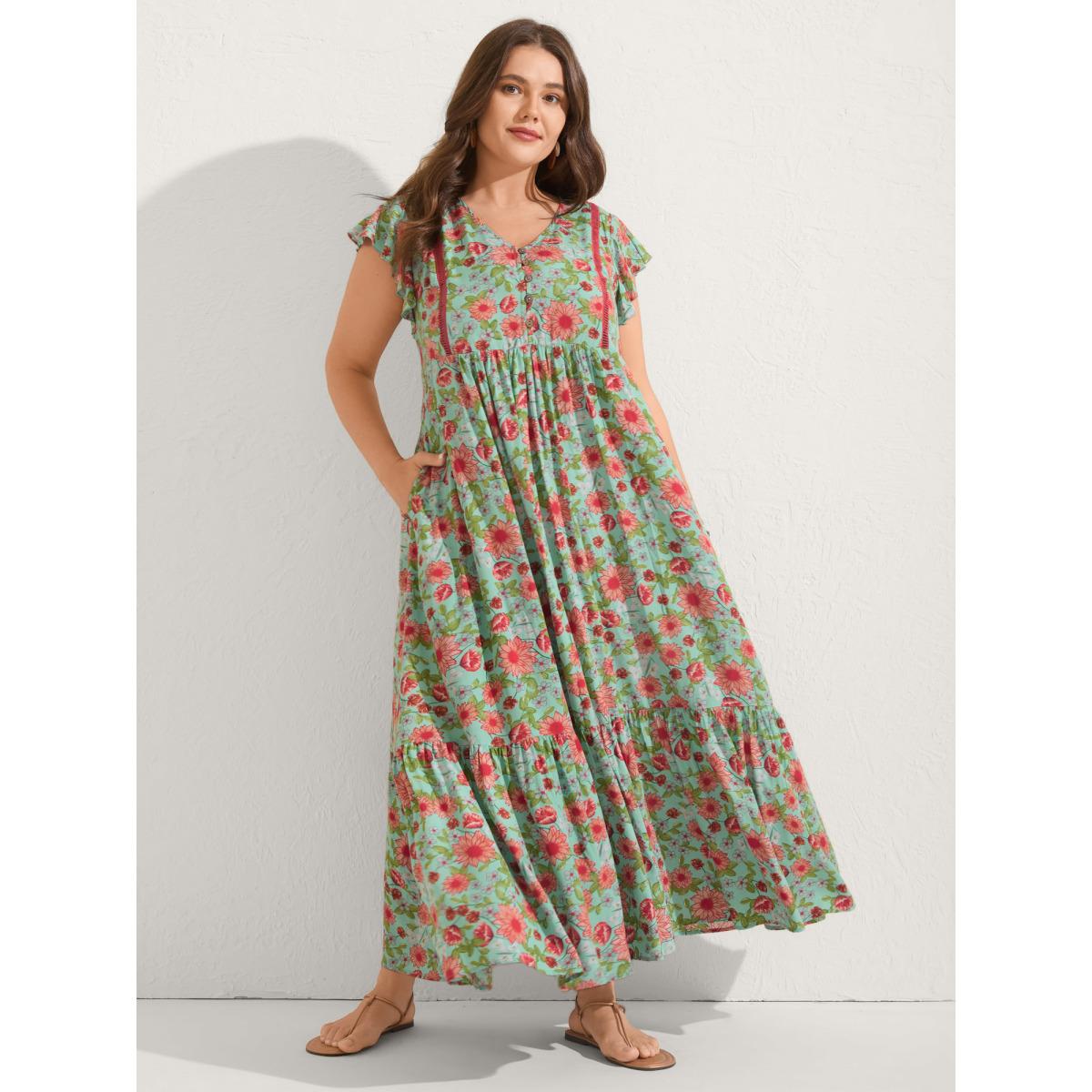 Plus Size Sweet Floral Lace Trim Tiered Maxi Dress Turquoise Women V-neck Cap Sleeve Curvy BloomChic 10/M Product Image