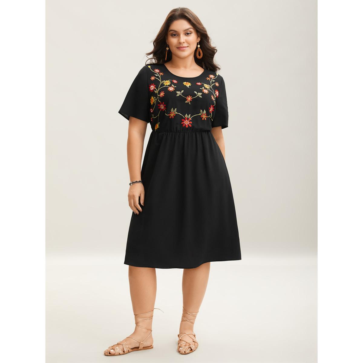 Plus Size Floral Embroidered Waist-Cinched Midi Dress Black Women Boho Round Neck Short sleeve Curvy BloomChic 22-24/3X Product Image